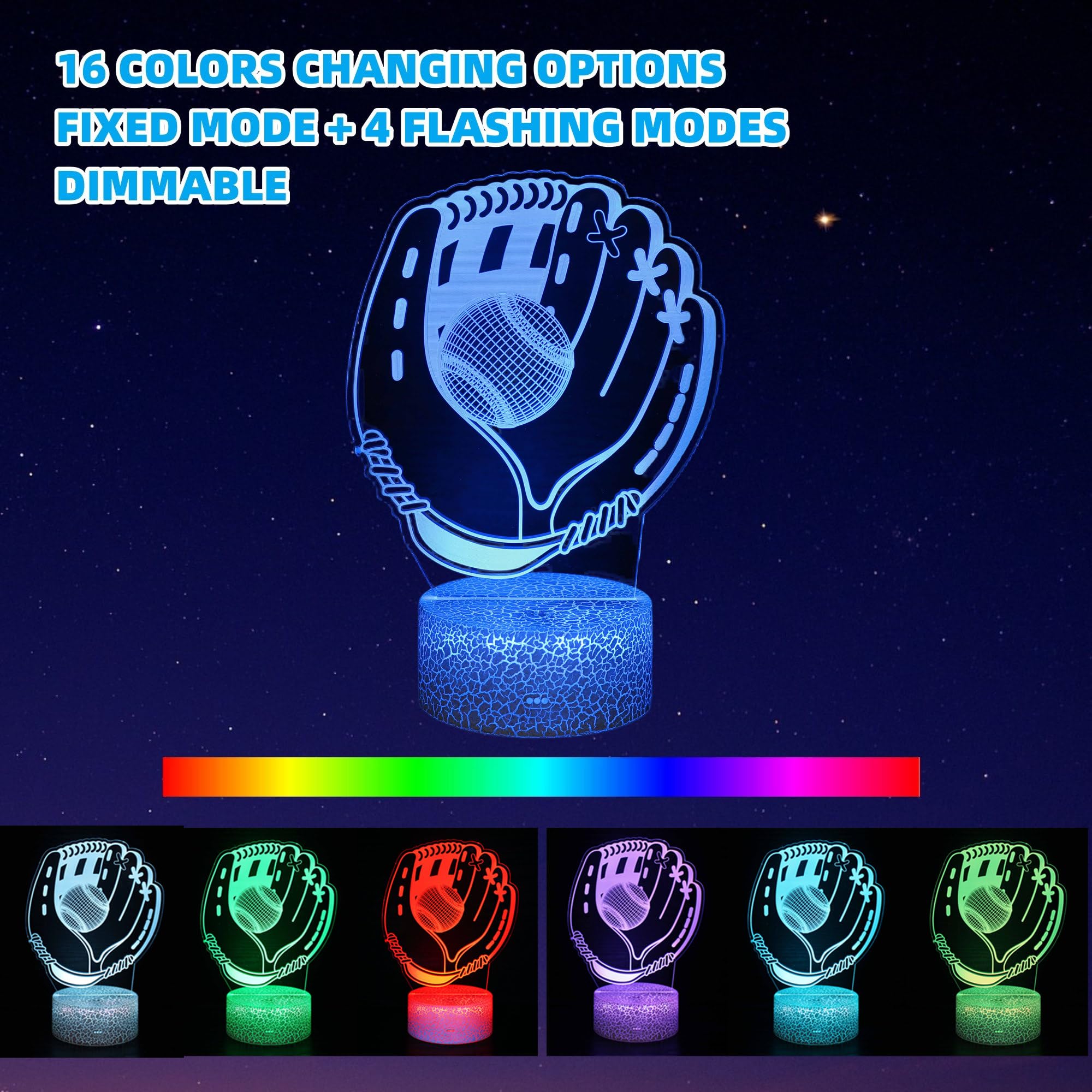 Kenmaca Baseball Player Night Light For Kids Bedroom, 3D Illusion Lamp, 3 Patterns 16 Colors Changing Dimmable Room Decor, Touch