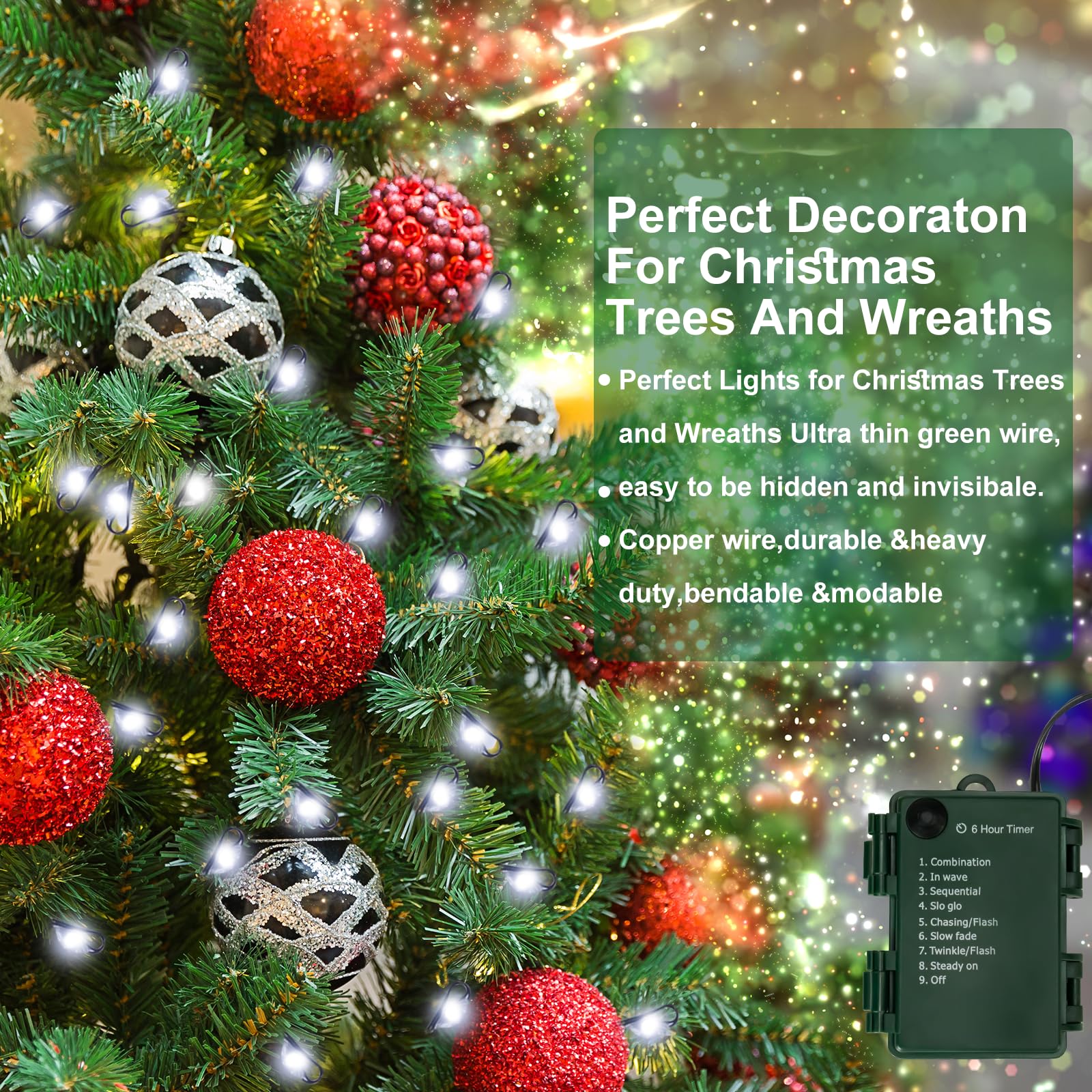 FairyGlim Battery Operated Christmas Lights, 20FT 200 Micro LEDs, 8 Modes, Timer, Green Copper Wire, Cool White