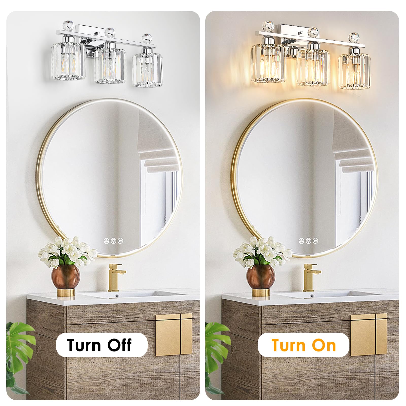 Kunruitai Crystal Bathroom Lighting Fixtures Over Mirror, 3 Light Chrome Brushed Nickel Vanity Light, Modern Bath Wall Sconce Li