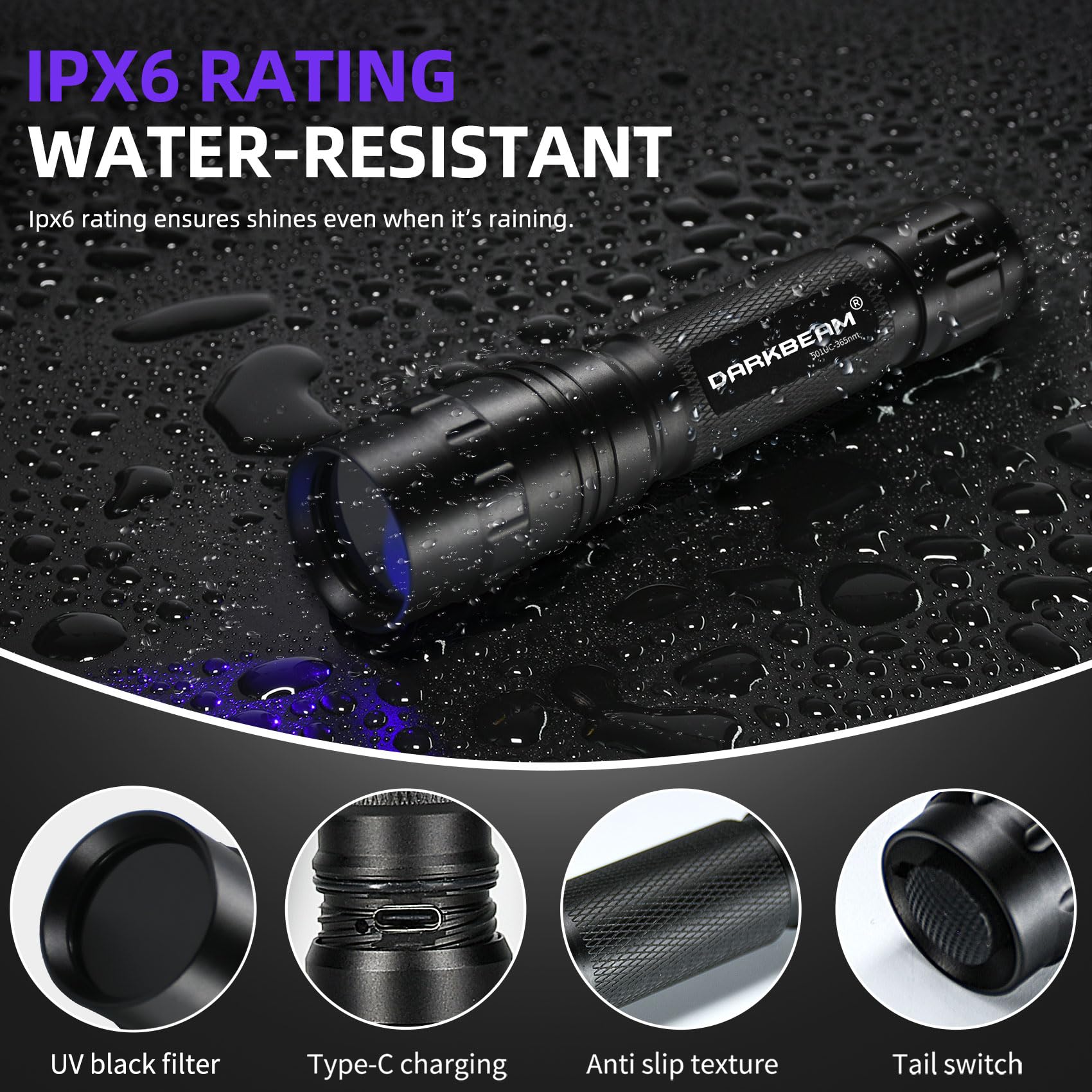 Darkbeam Uv Flashlight 365 Nm Light Blacklight, Mini Powerful Woods Lamp Usb-C Rechargeable, Led 10W Ultraviolet Flashlights Poc