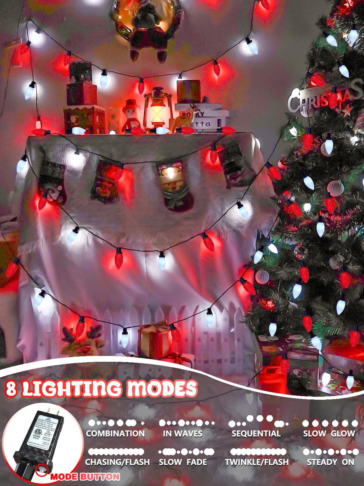 2-Pack Connectable C9 Christmas Lights Outdoor Indoor  66 Ft 100 Led Christmas String Lights Plug In With 8 Modes & Timer  Waterproof Fairy Twinkle Light For Xmas Tree Yard Decorations (Red And White)