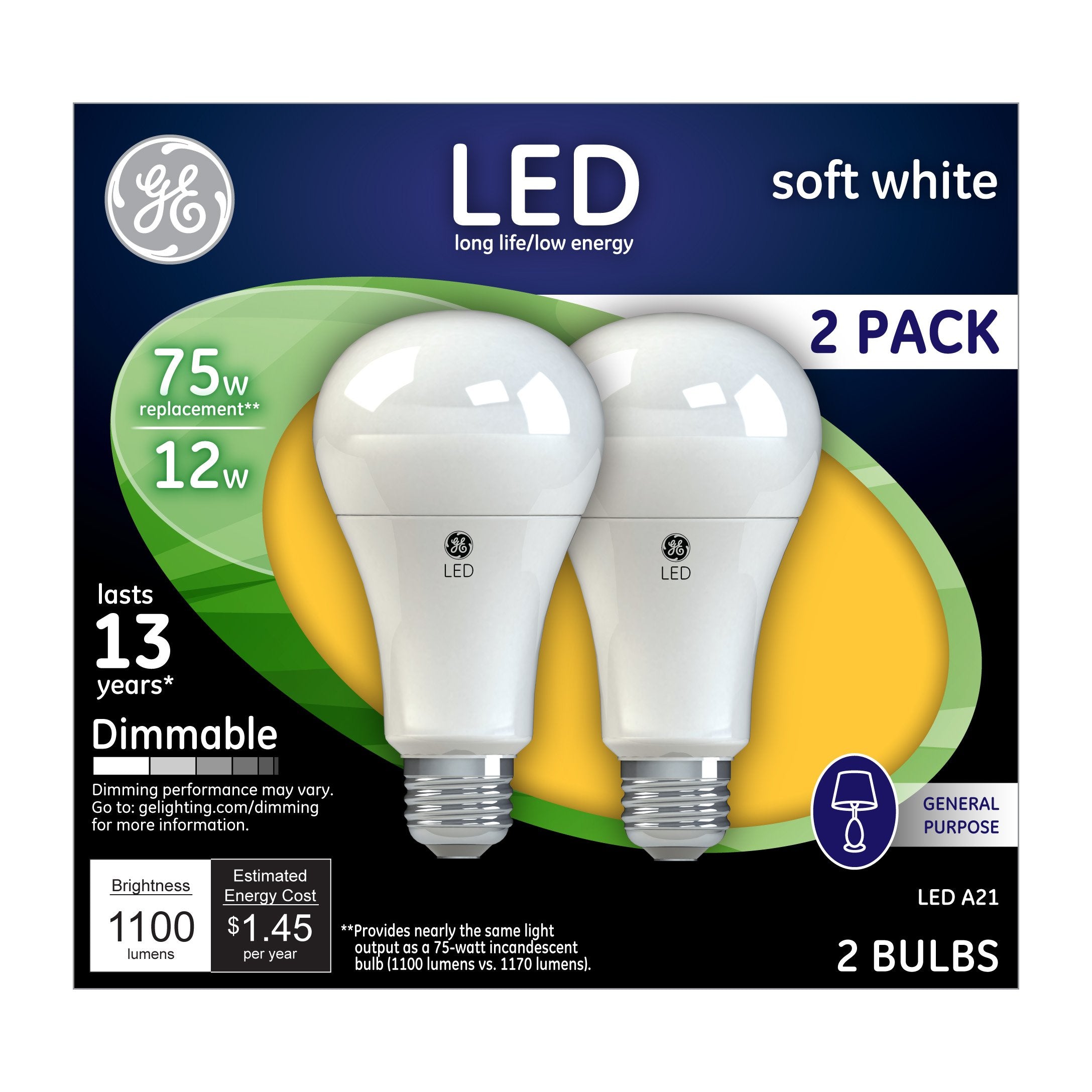Ge 65943 Led A19 Light Bulb With Medium Base, 14-Watt, Soft White, 2-Pack, 2 Count