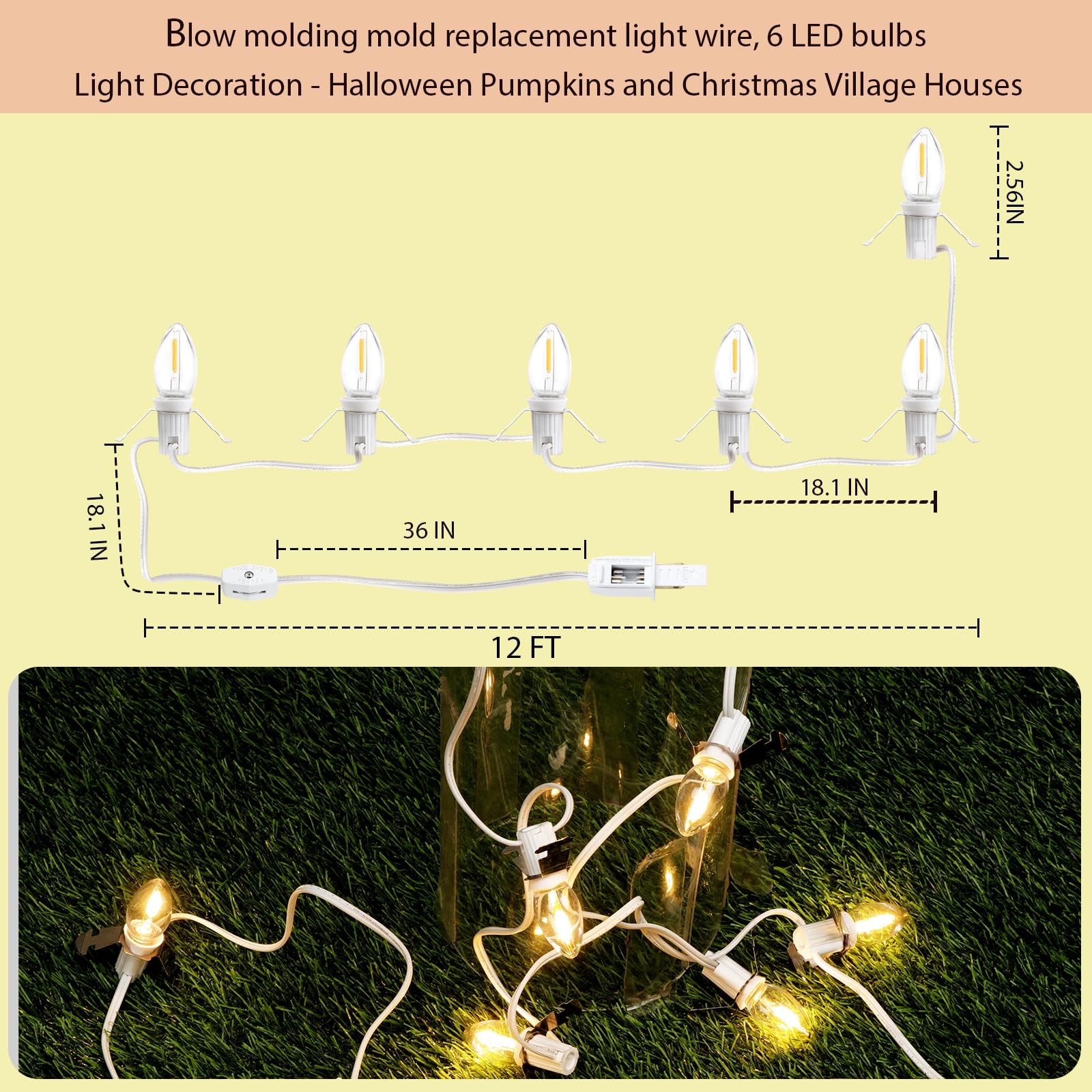 Kzfuli Christmas Village Blow Molded Light Cord 6 Bulb, C7 Led Christmas Village Lights. Length 12 Feet Suitable For Christmas House, Halloween Pumpkin, Salt Lamps,Holiday Lighting Etc(2Pcs)