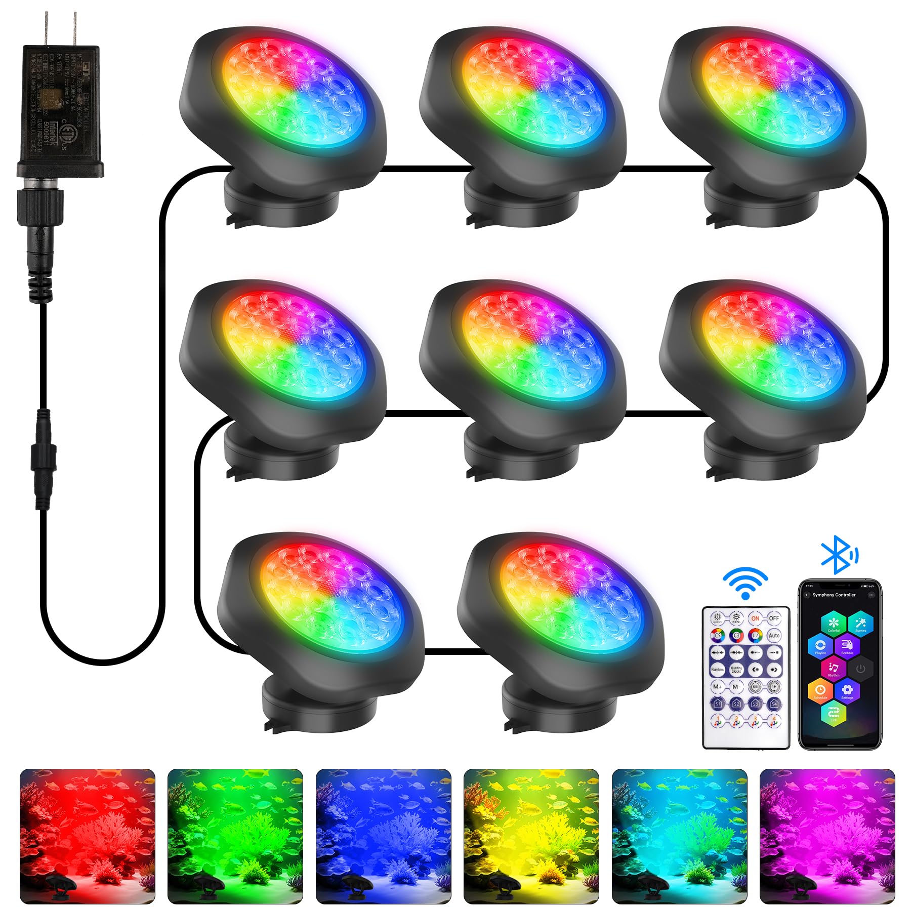 T-SUN Pond Lights LED Underwater - IP68 Waterproof Smart App & Remote Submersible Fountain Lights with 16 Million Colors Dimmabl