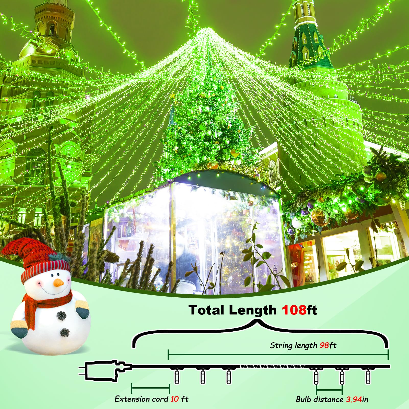 ILLUMINEW 500 LED Green Outdoor String Lights, Waterproof Fairy Lights for St. Patricks Day, 174 Ft, 8 Modes, Model JT-ELFC300V0120-C