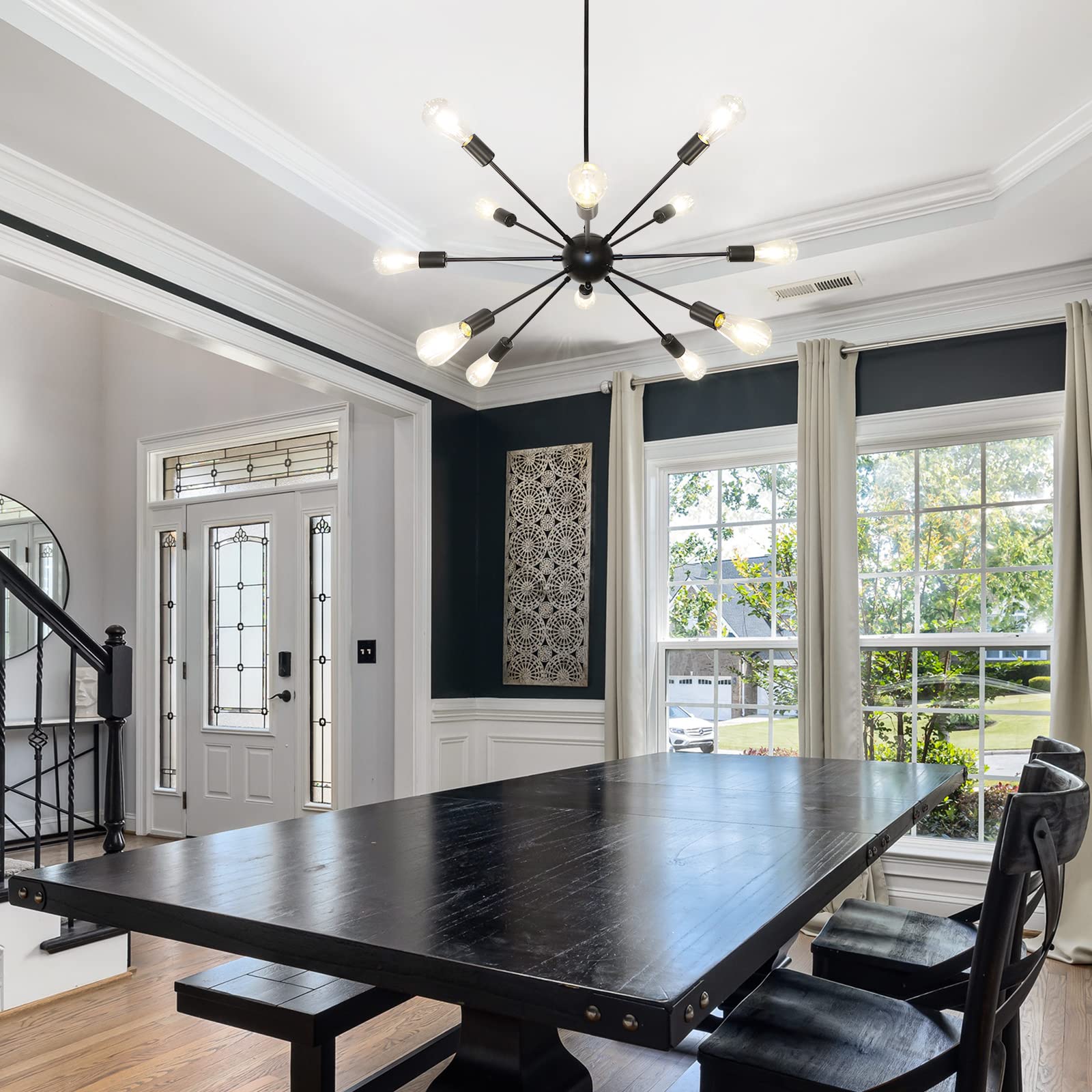 Lynpon 12-Light Black Sputnik Ceiling Light Chandelier - Mid Century Industrial Pendant Fixture