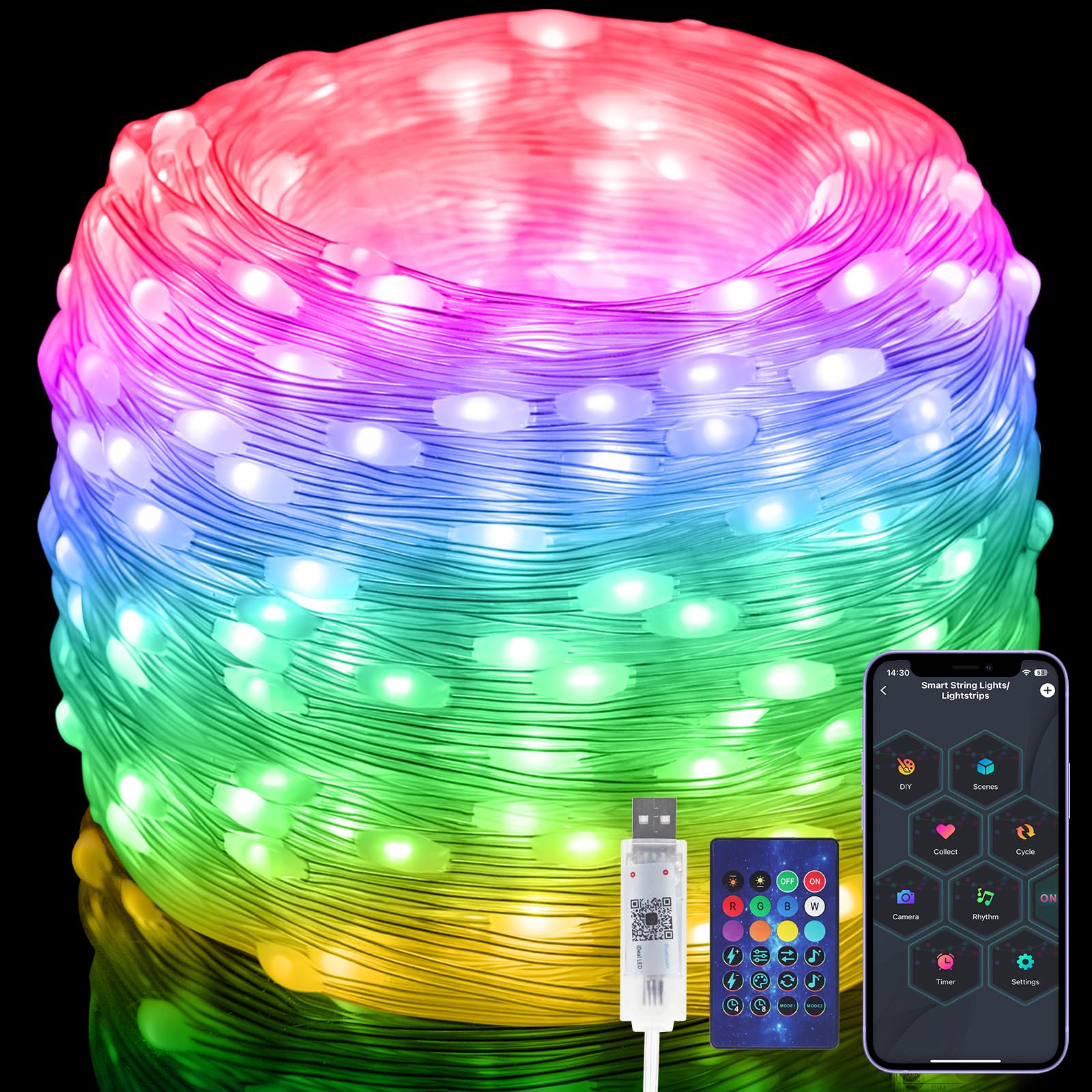 Electight 66FT Fairy Lights, 200 LEDs Multicolor, Smart IC, Music Sync, IP65 Waterproof, Model USSLA2-20M-N