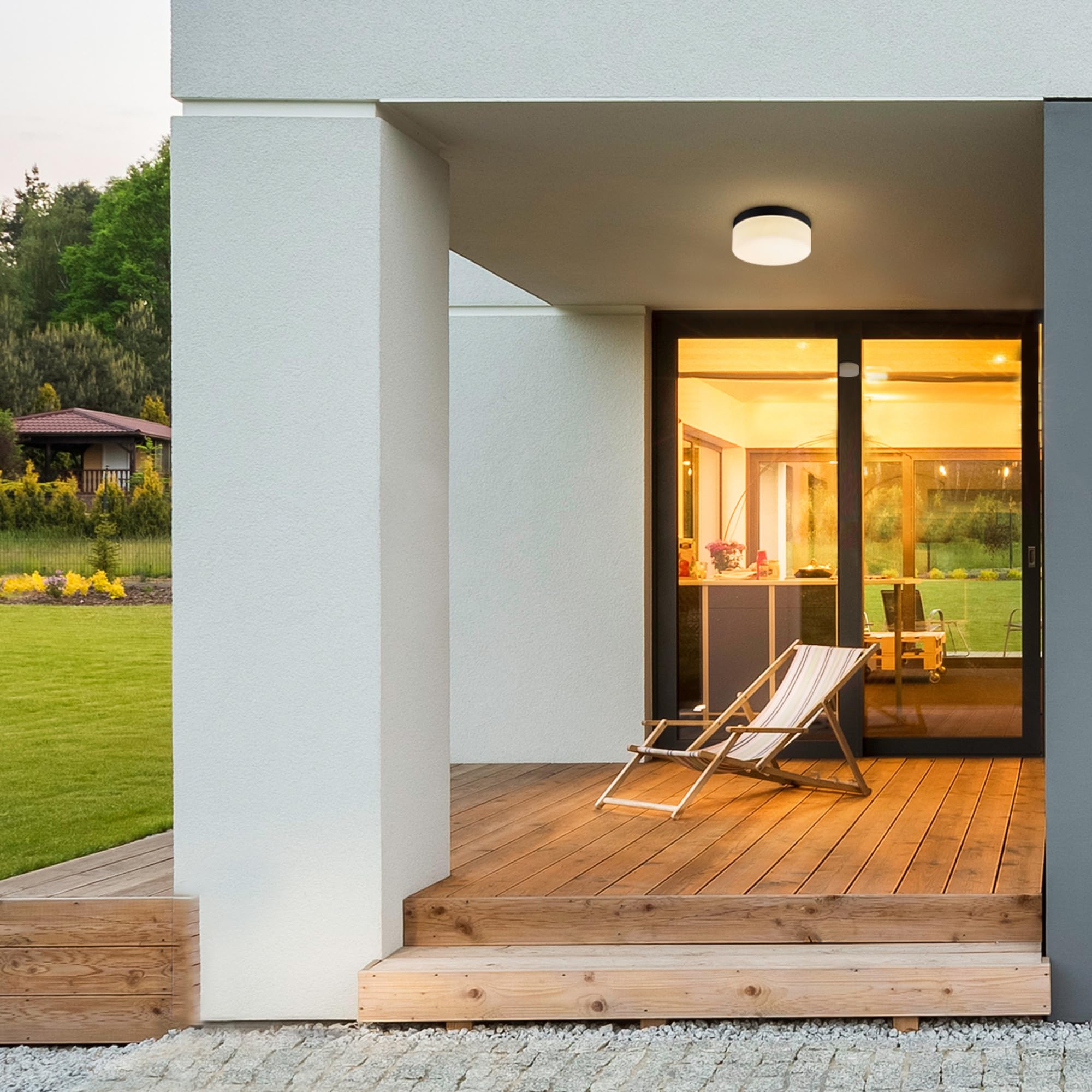 Globe Electric 44658 Mark Led Integrated Outdoor Flush Mount Ceiling Light, Black, Frosted Glass Shade, 2000 Lumen