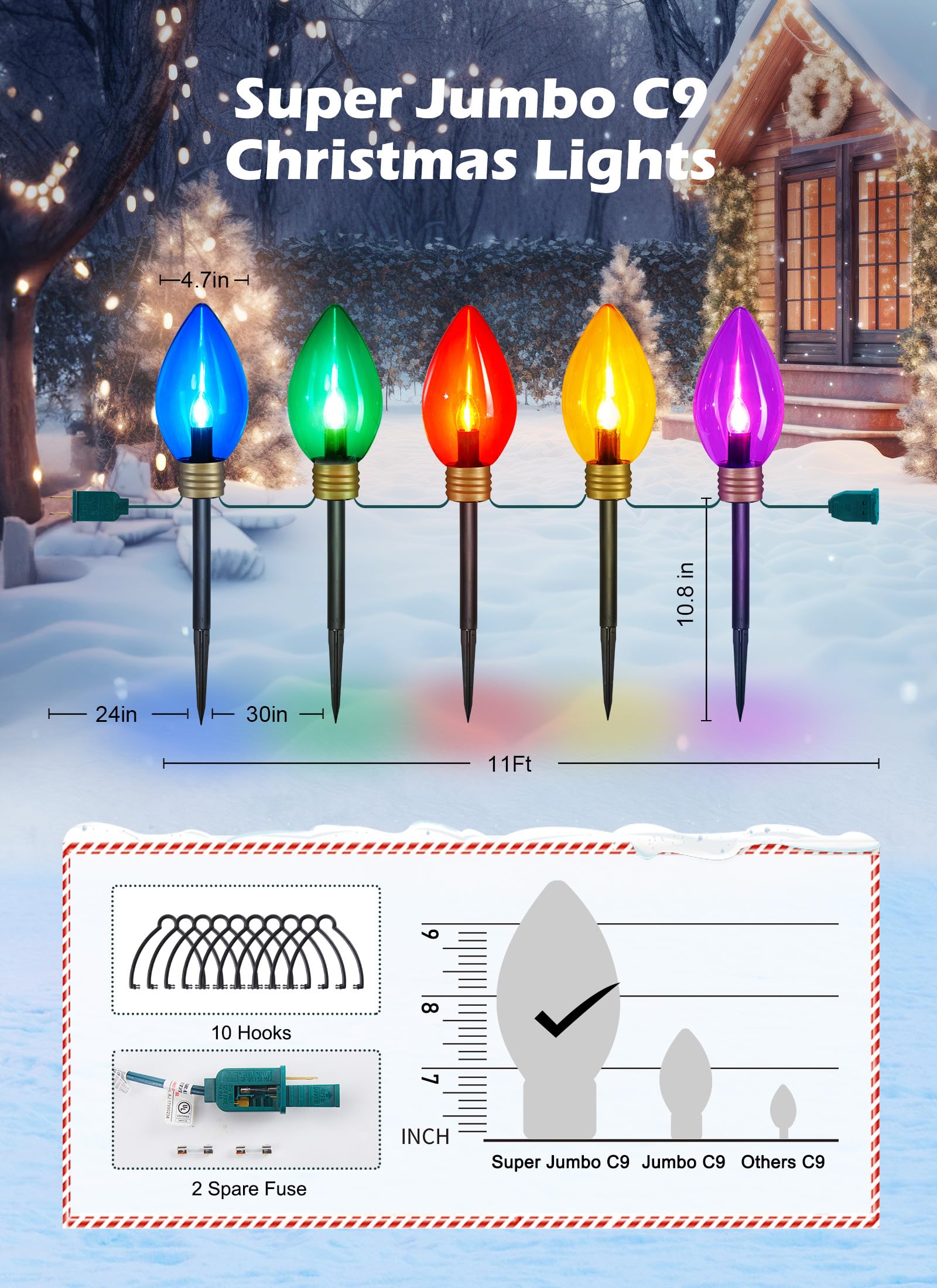 Brightown Super Jumbo 2 Pack Christmas String Lights, 11Ft Waterproof Multicolor LED Decor for Outdoor Home & Garden - Model GY-C-50.6-U-B1