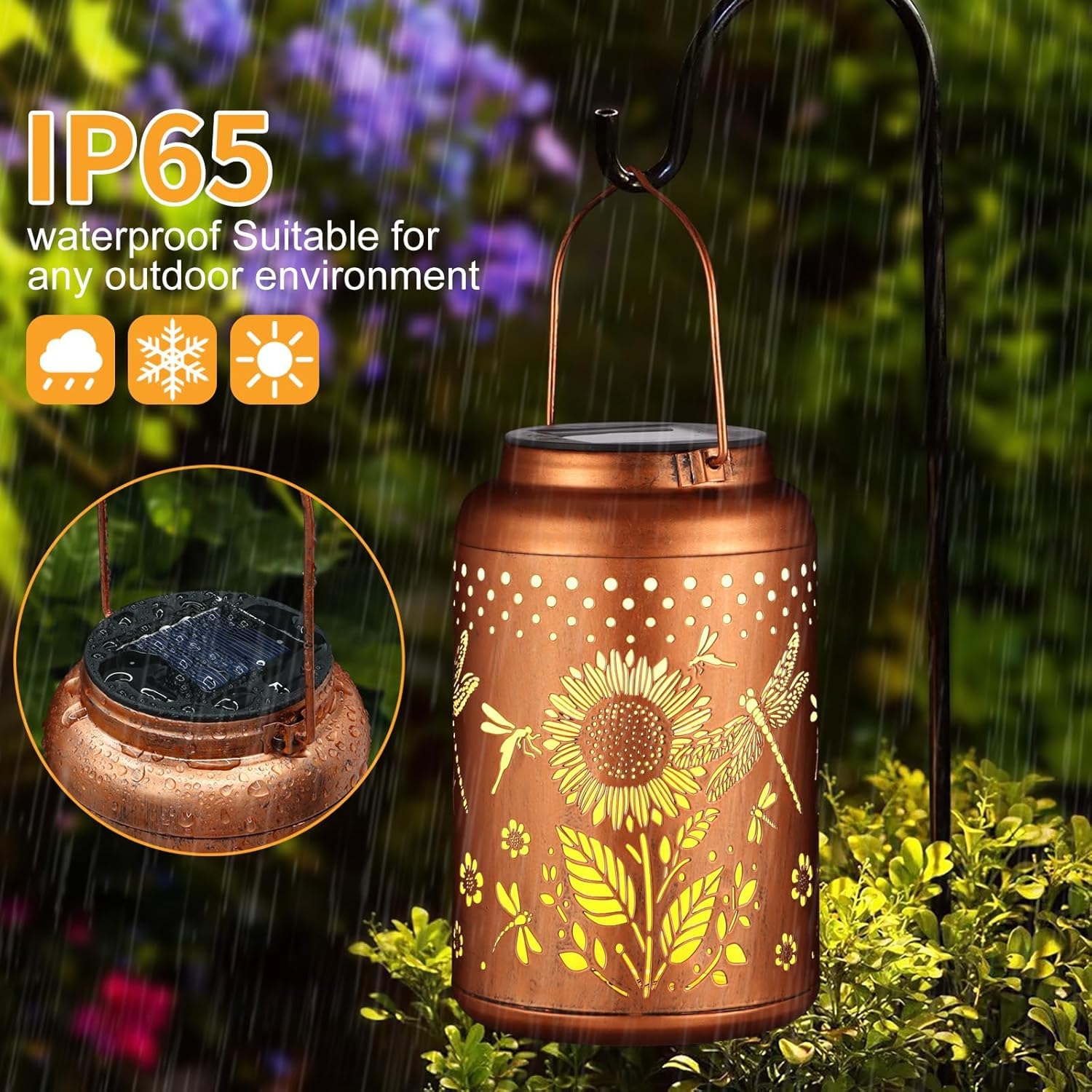 Doogarden Solar Lantern Outdoor Hanging, Metal, Waterproof, Bronze, Model D-DL-108, Garden Decor, Dragonfly Design