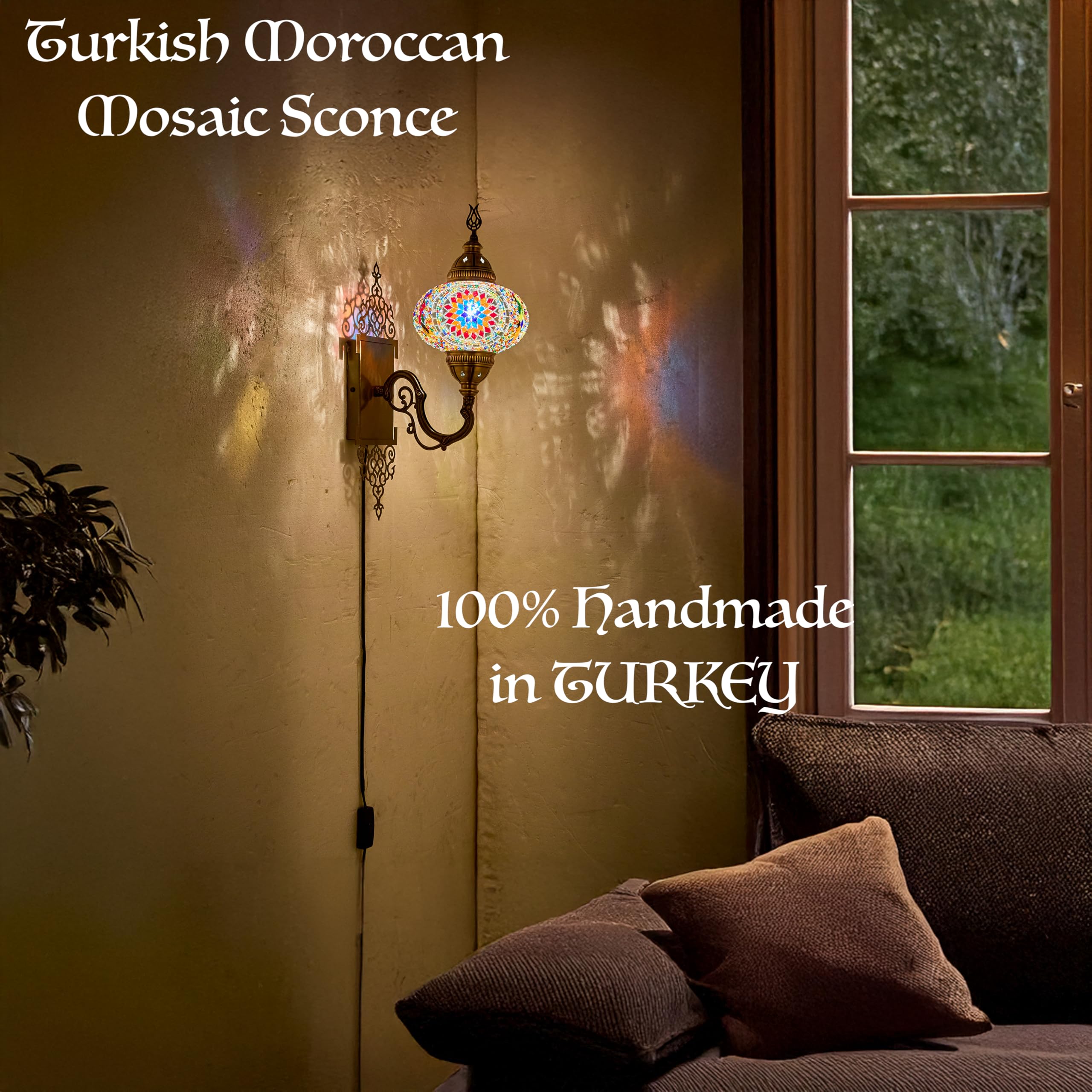 Demmex Turkish Moroccan Tiffany Style Mosaic Wall Sconce Lamp Light, Big Size Globe, Decorated Brass Body, Handmade, 15X5 Inches