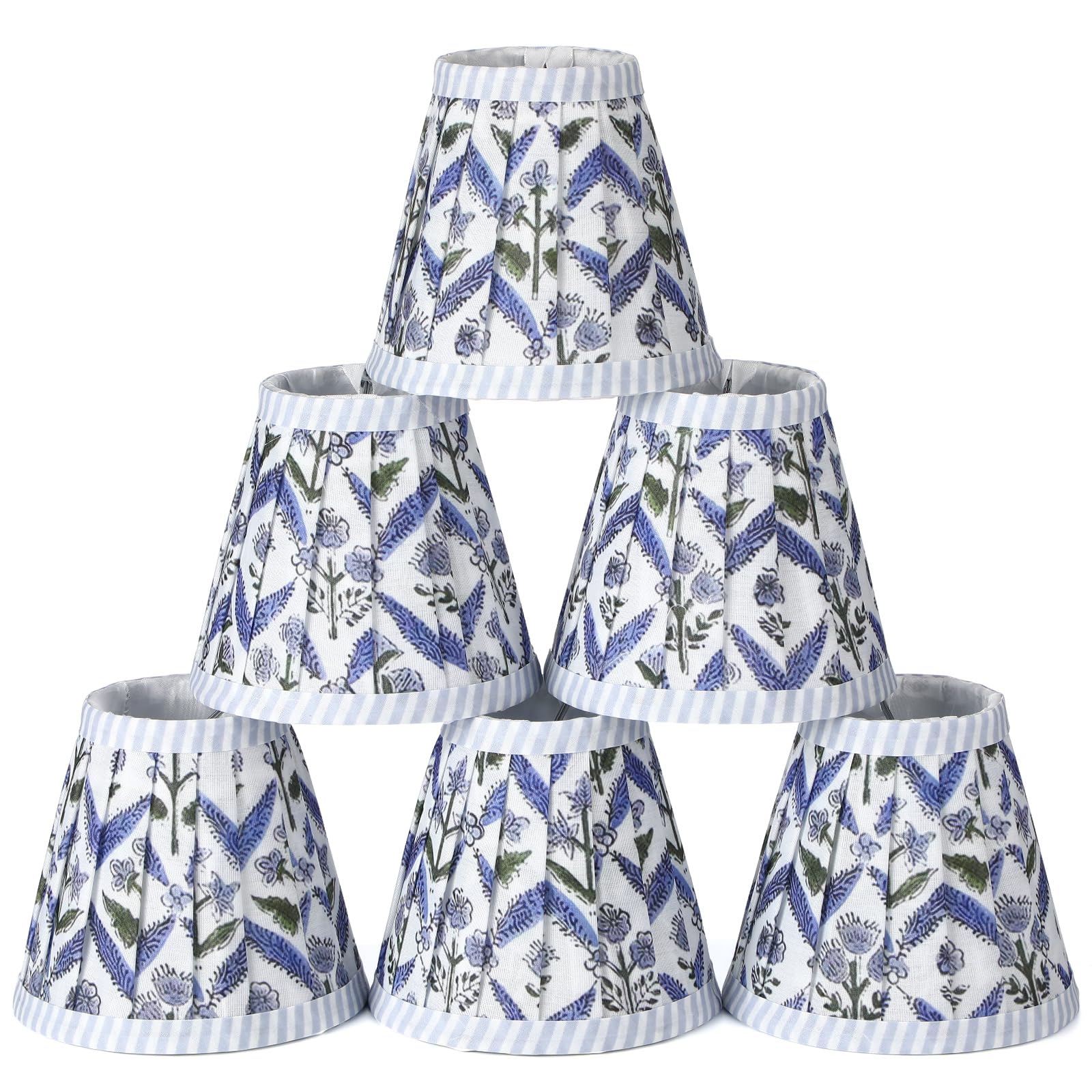 Grinsvalley 6 Set Pleated Block Print Light Blue Lamp Shade Mini 3 Top x 5.5 Bottom x 4.7 High Floral Blue Pleated Chandelier Sh