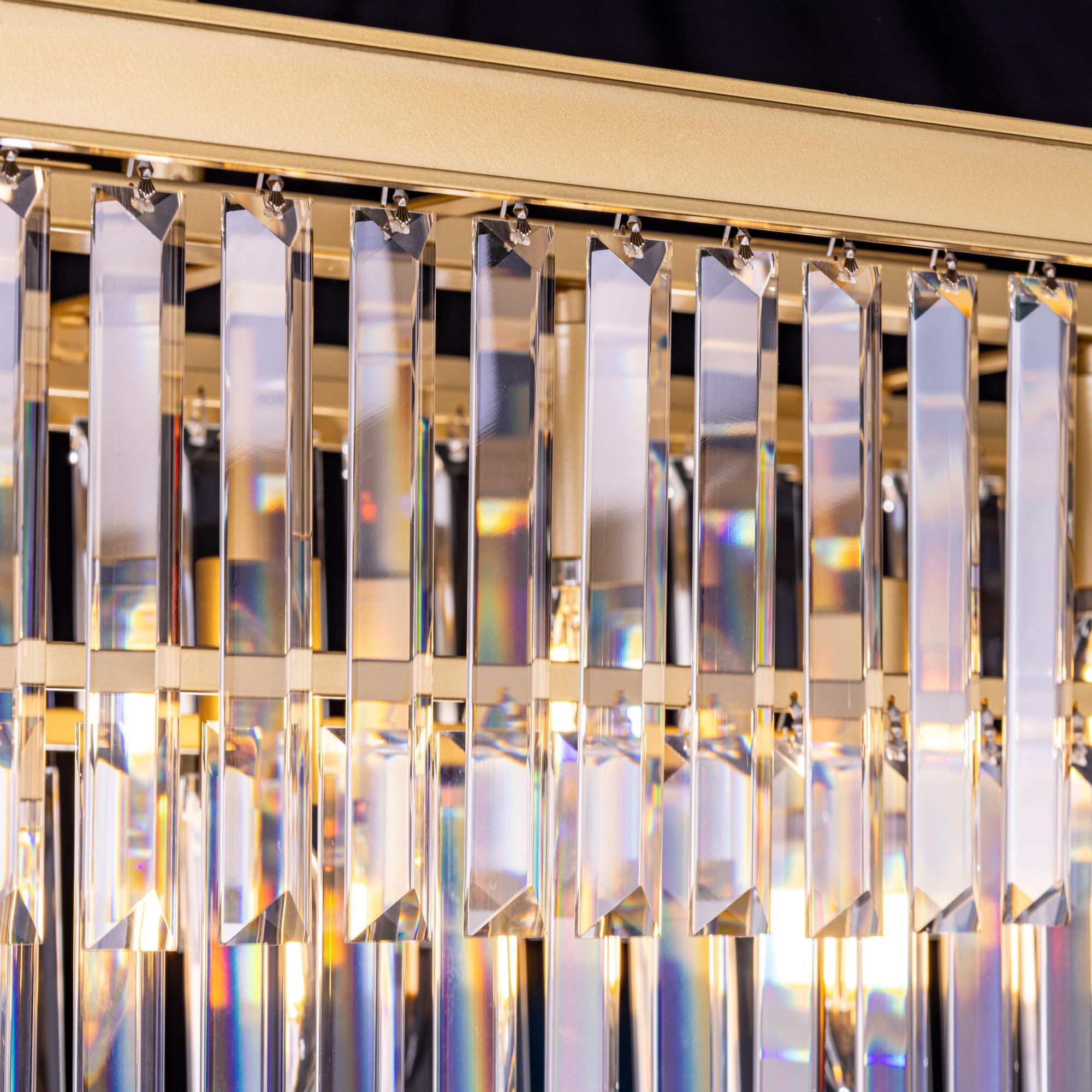 Wellmet 11-Light Crystal Chandelier, 47" Gold Metal Linear Light Fixture for Living Room, Dining Room, Bedroom, Kitchen Island, Model DS-CCL001
