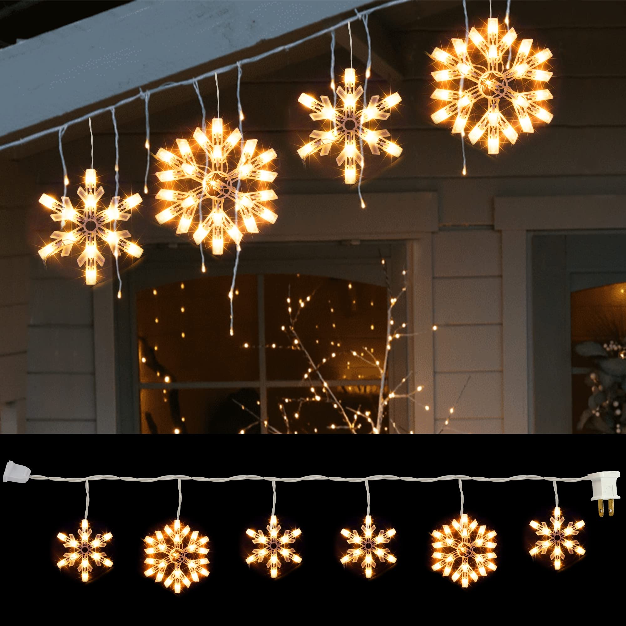 8.5 FT Snowflake Lights with 6 Drops  100 Counts Clear Blubs Christmas String Lights  Plug in & Connectable Icicle Fairy Curtain Light Set for Xmas Home Indoor Outdoor Party Wedding Decorations