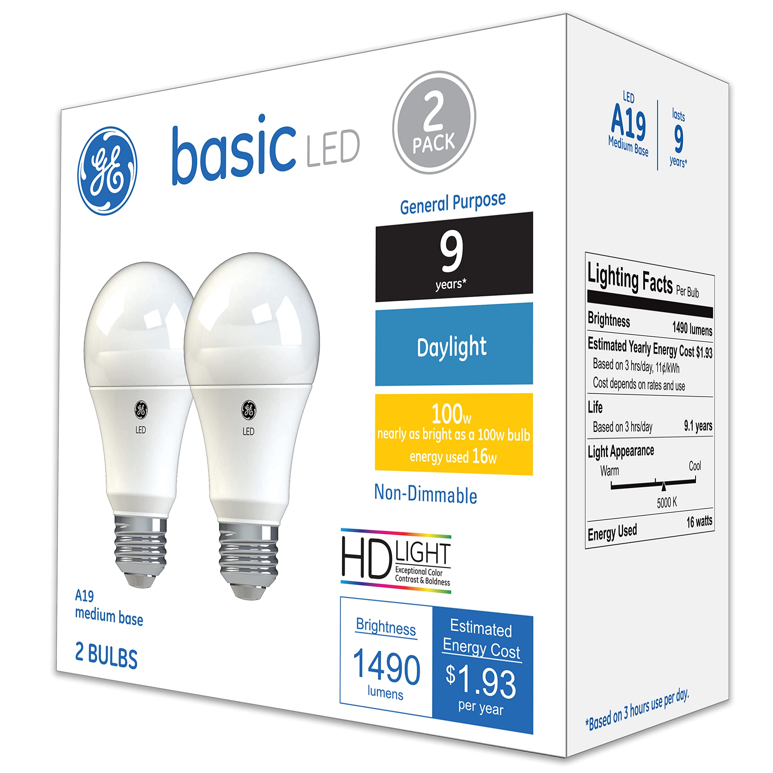 Ge Basic Led Light Bulbs, 100 Watt, Daylight, A19 (2 Pack)