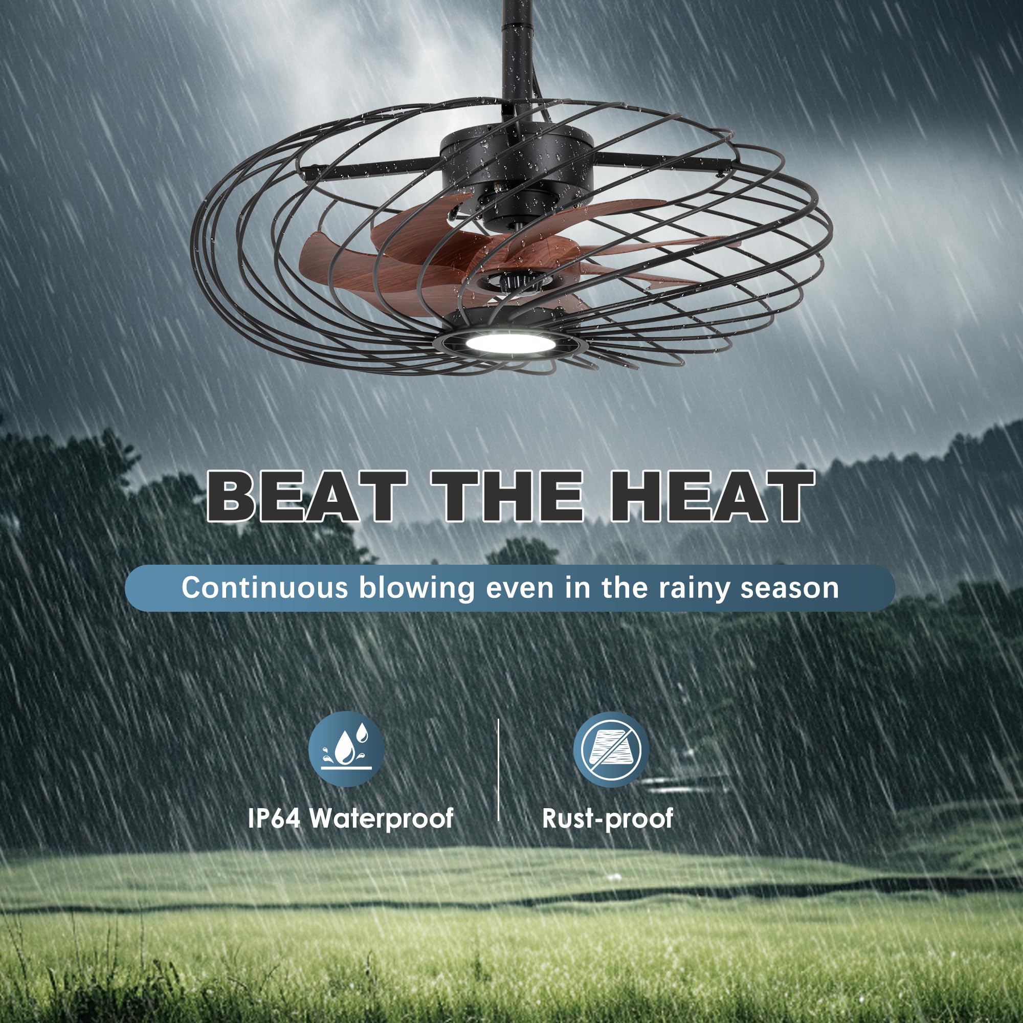 OSGNER 20" Black Outdoor Ceiling Fan with Light, Waterproof, Remote Control, Dimmable LED, Iron Material, Model F429-20-BK
