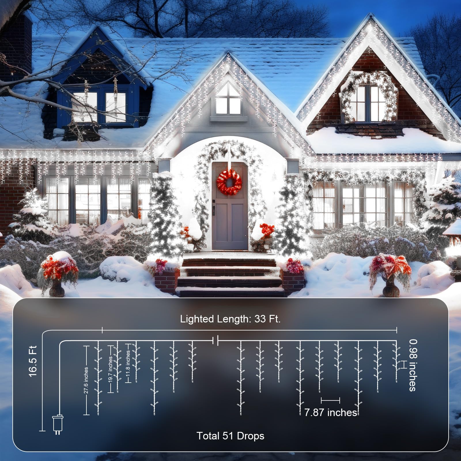 Brightown 33Ft 1020 Led Icicle Christmas Lights, Outdoor/Indoor, White, 12 Modes, Waterproof, Timer, 6W