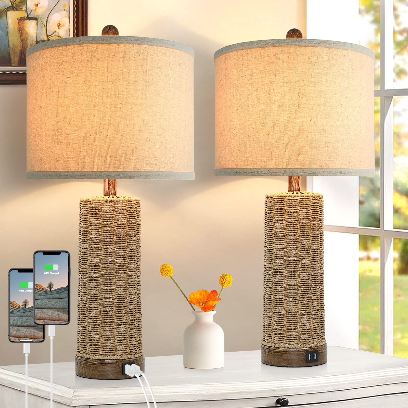 Beslowe Coastal Table Lamps Set Of 2 With Usb Ports, Rattan Nightstand Lights For Bedroom