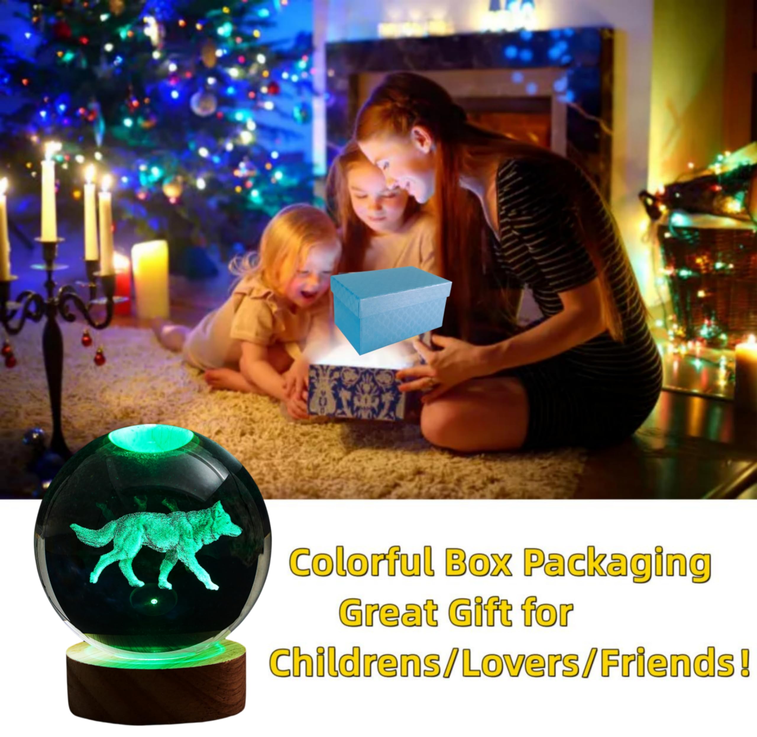3D Crystal Ball Lamp, Upgraded 3.15 Inch Wolf Crystal Ball Night Light With 16 Colors Led, Wooden Base, Remote Control, Gift Box
