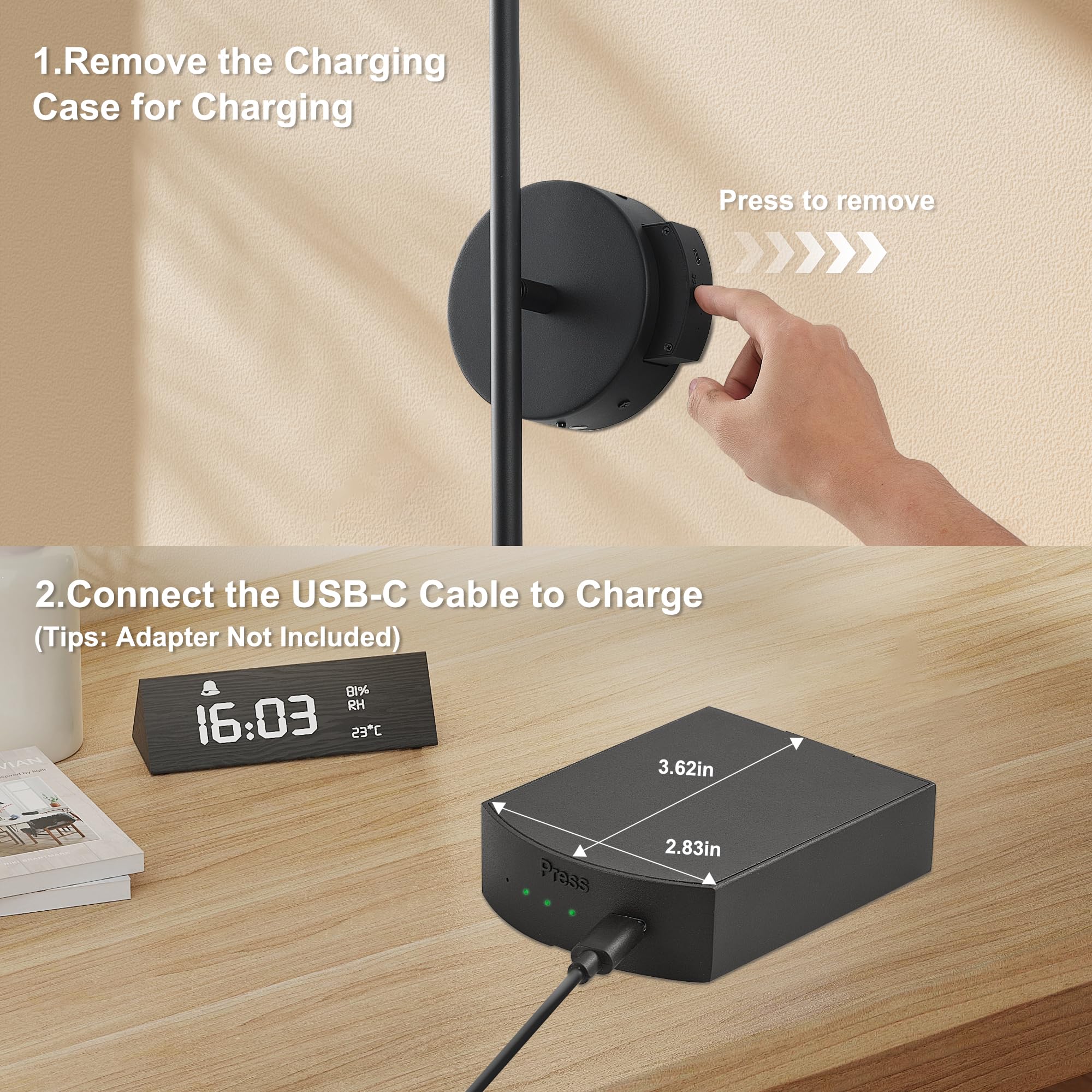 KARTOOSH Wireless Wall Sconces, 350° Rotate, Remote Control, 3 Color Temperatures, 28.3 Inch, Black, 2 Pack, Model ZM326BB