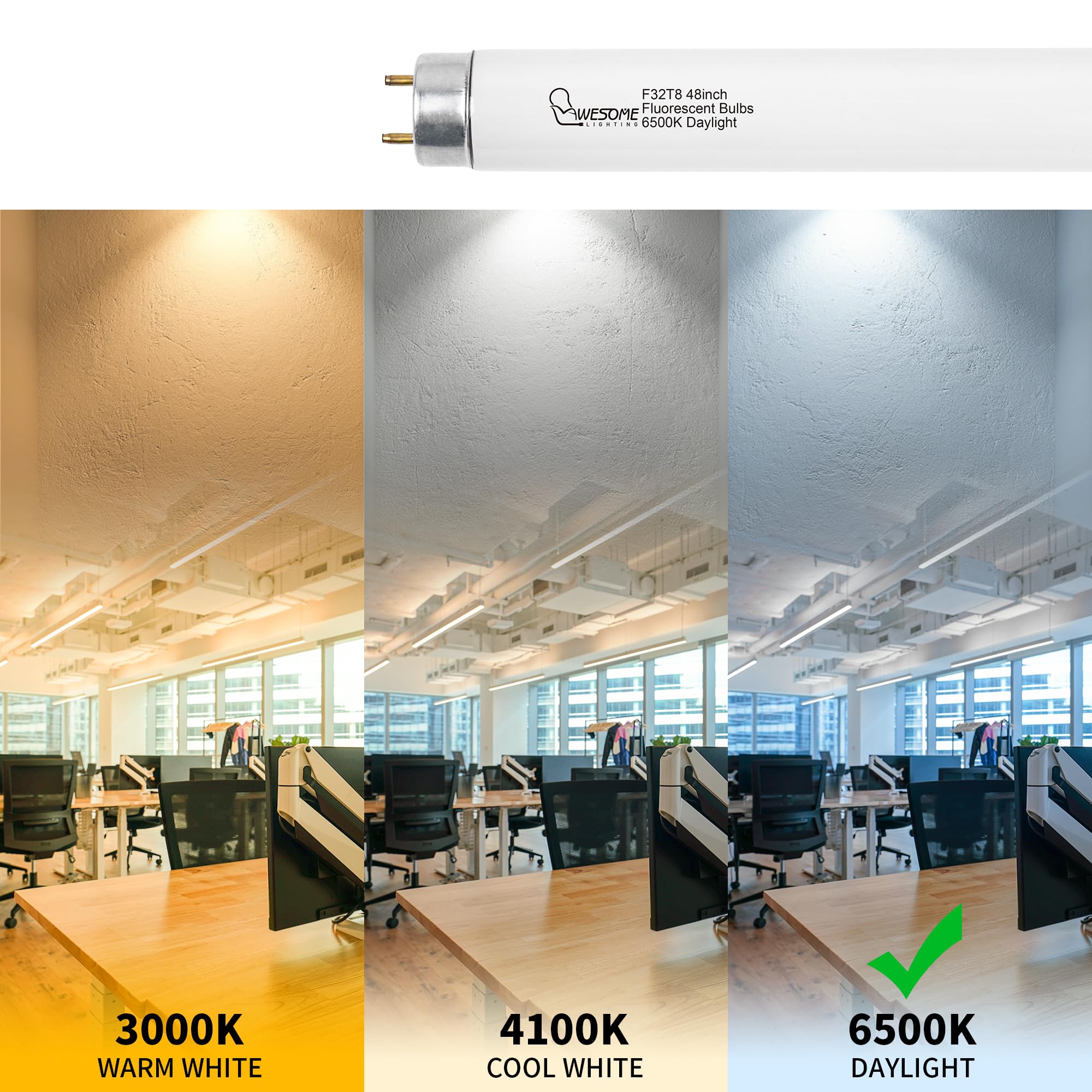 Wesome Lighting F32T8/865 Fluorescent Light Bulb  48 Inch  32 Watts  6500K Daylight  2800 Lumens  G13 Bi-Pin Base  4Ft T8 Fluorescent Tube Light Bulbs - 5 Pack