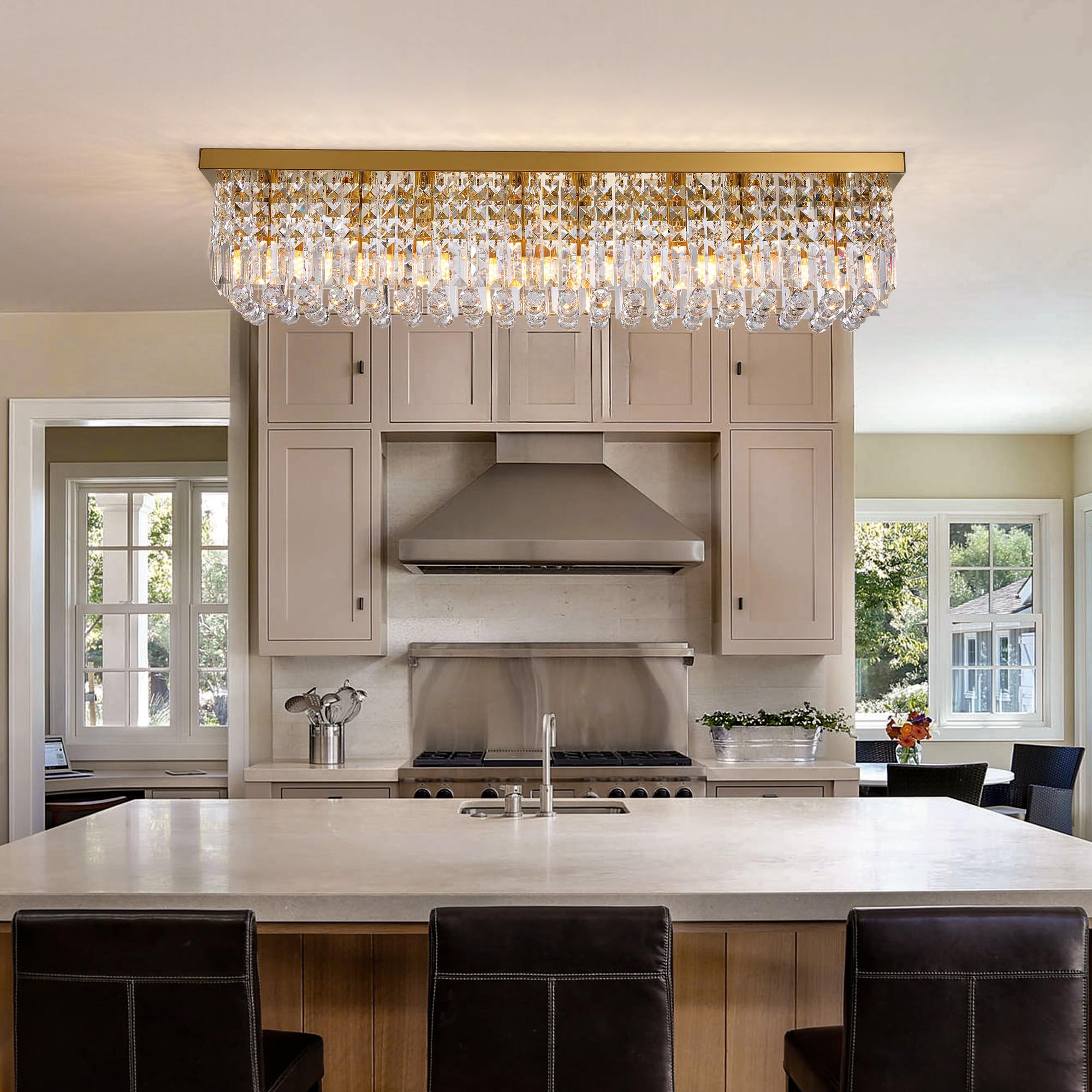 Tinkoso 8-Light Gold Crystal Chandelier, Modern K9 Crystal Rectangle Chandelier For Dining Room Kitchen Island Hanging Pendant L