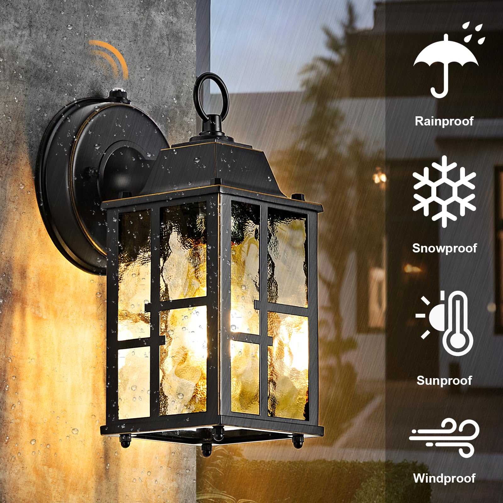 OKELI 2-Pack Dusk to Dawn Outdoor Wall Lights, Aluminum, 9.3", Weatherproof, Black & Gold-Trim, Model OK100-S2P-BG