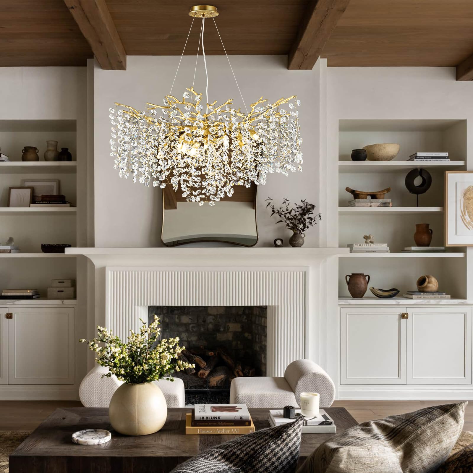 Modern Gold Crystal Chandelier For Dining Room, Tree Branches Chandelier For Living Room Bedroom Bathroom Kitchen Foyer, 30'' Ro