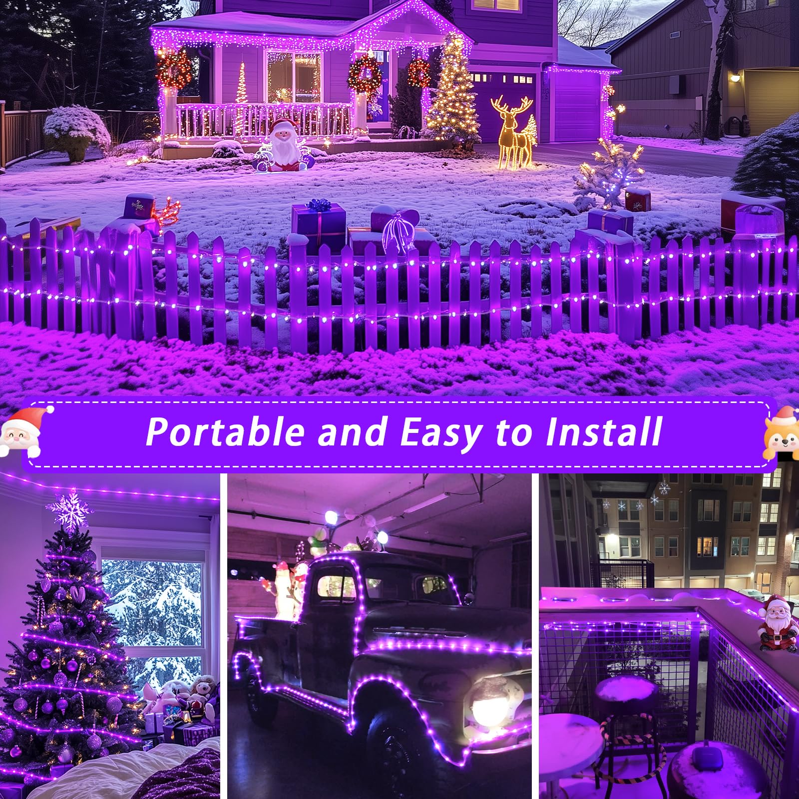 JMEXSUSS Purple Rope Lights, 33 ft Each, 100 LED, Battery Operated, Waterproof, 2 Pack for Outdoor Halloween Decor