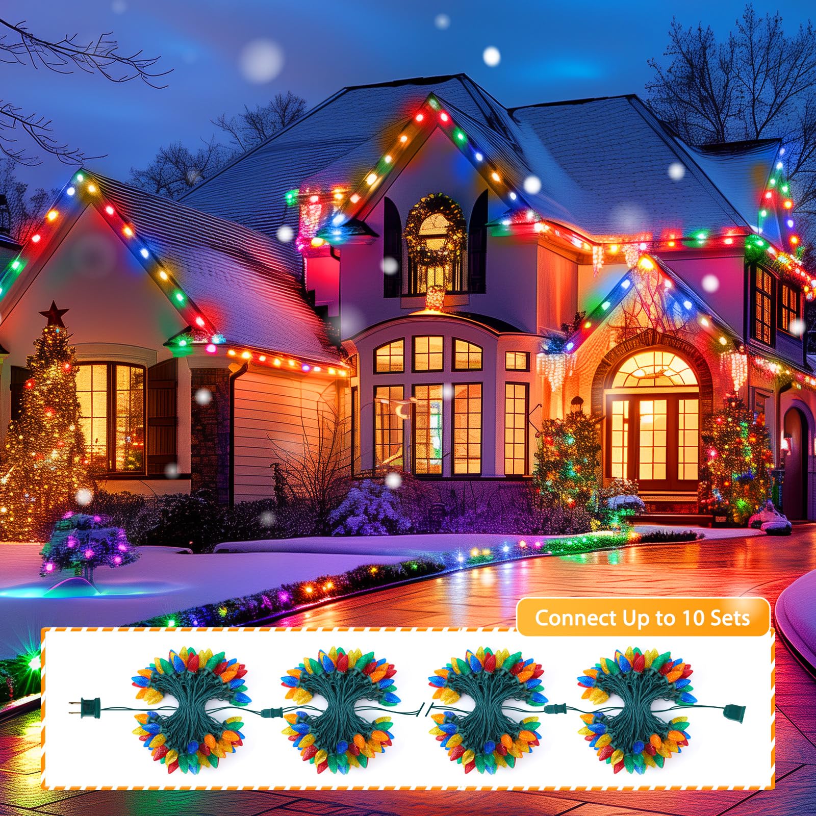 Brightown C9 LED Christmas String Lights, 200 LEDs, 132ft, Multicolor, Plug-in Connectable, Outdoor Holiday Decor, Model 5-100/2F/C-033