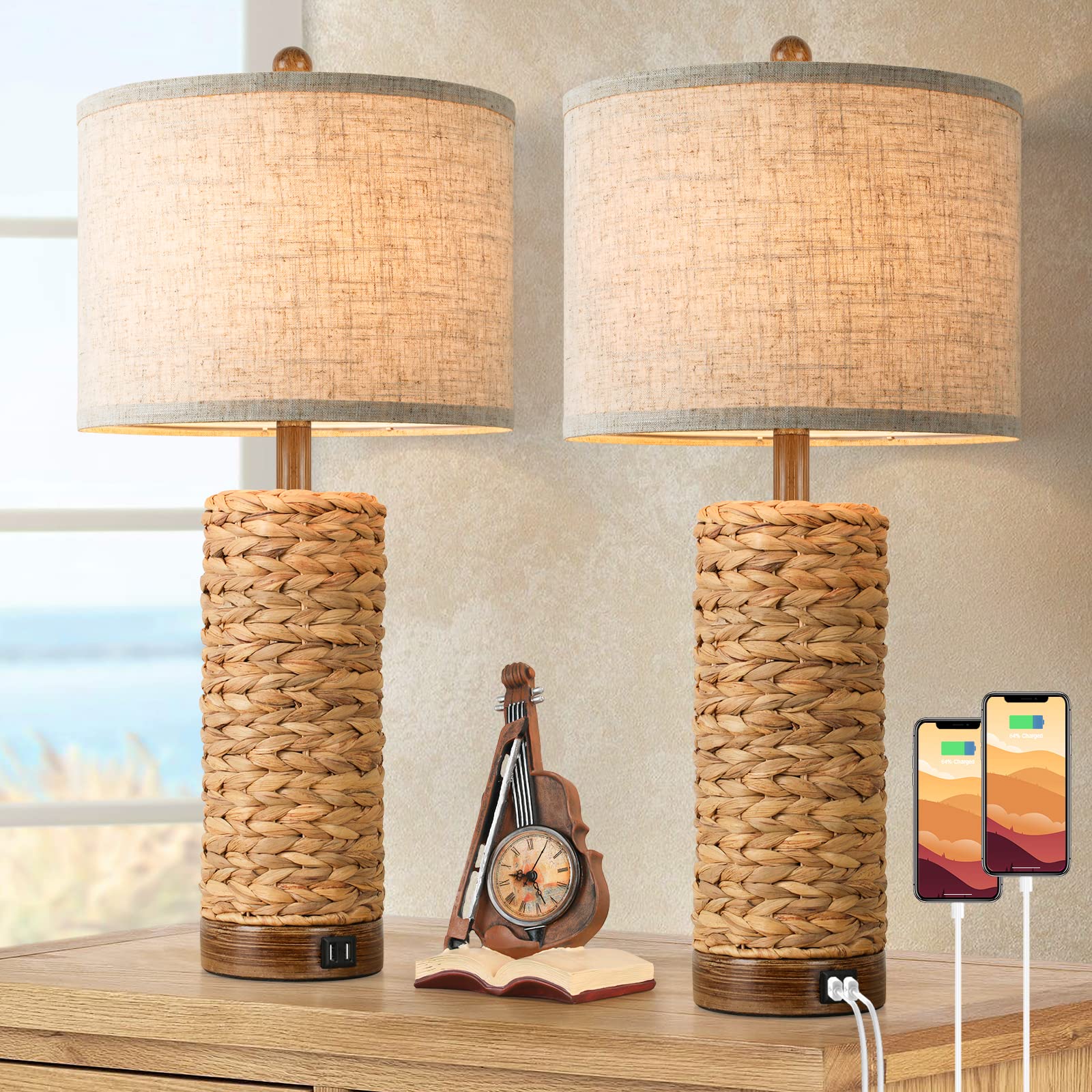 Tobusa Set Of 2 Tall Rattan Table Lamps With Usb Ports, Seagrass & Metal, Rustic Bedroom Lighting