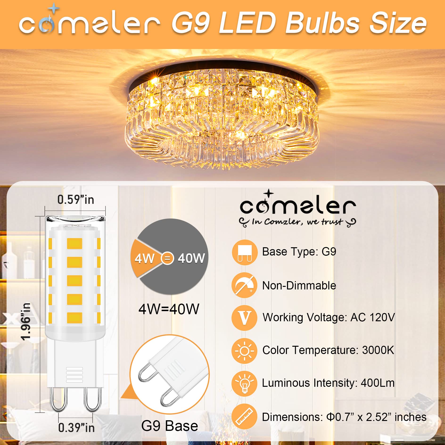 Comzler G9 Led Bulb 3000K Warm White, 40 Watt Halogen Equivalent G9 Light Bulb, G9 Bi Pin Base Chandelier Light Bulbs, Cri80 400