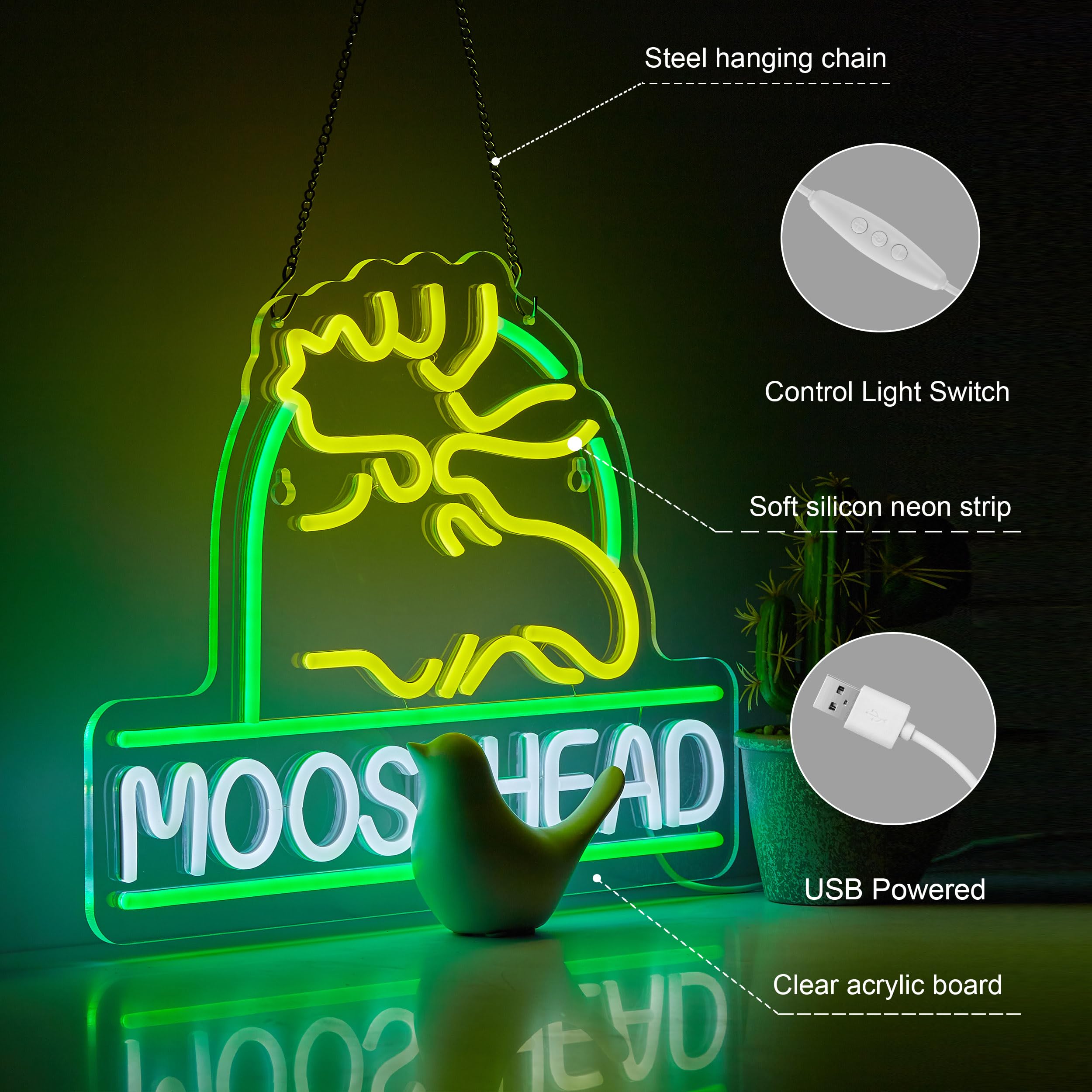 Duoweoy Moose Neon Sign For Wall Décor Dimmable Beer Bar Led Man Cave Head Neon Light Usb Powered Neon Art Signs Decor Gifts