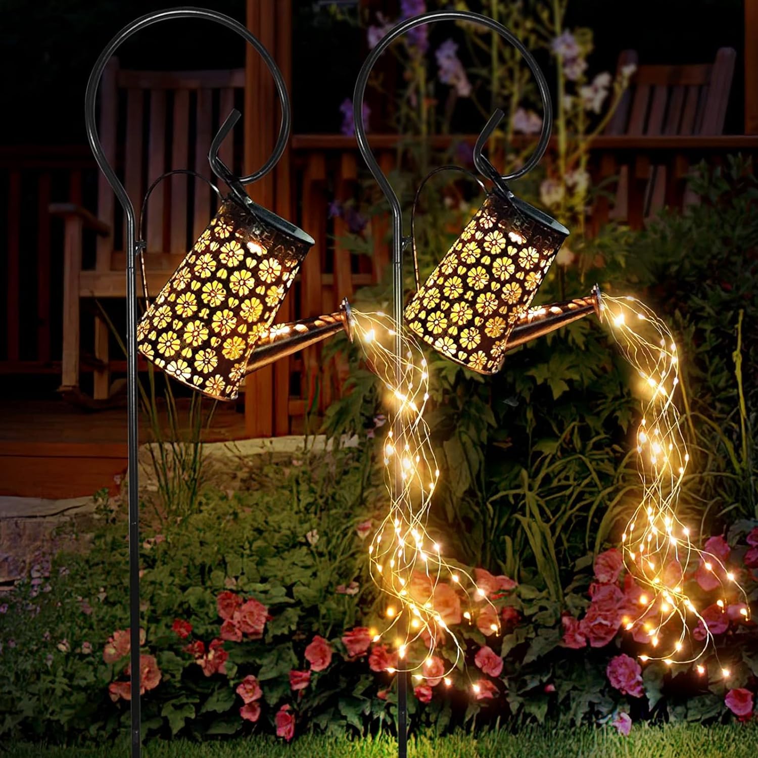 2 Pcs Solar Watering Can Lights, Hanging Solar Waterfall Lights Waterproof Outdoor Garden Decor Yard Art for Porch Landscape Pat