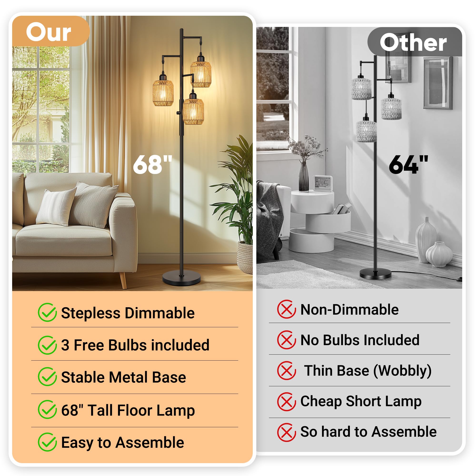ROTTOGOON Dimmable Floor Lamp - 3 Light Rattan Design, 68in, Black/Brown Shades, Model ROFP107AB1