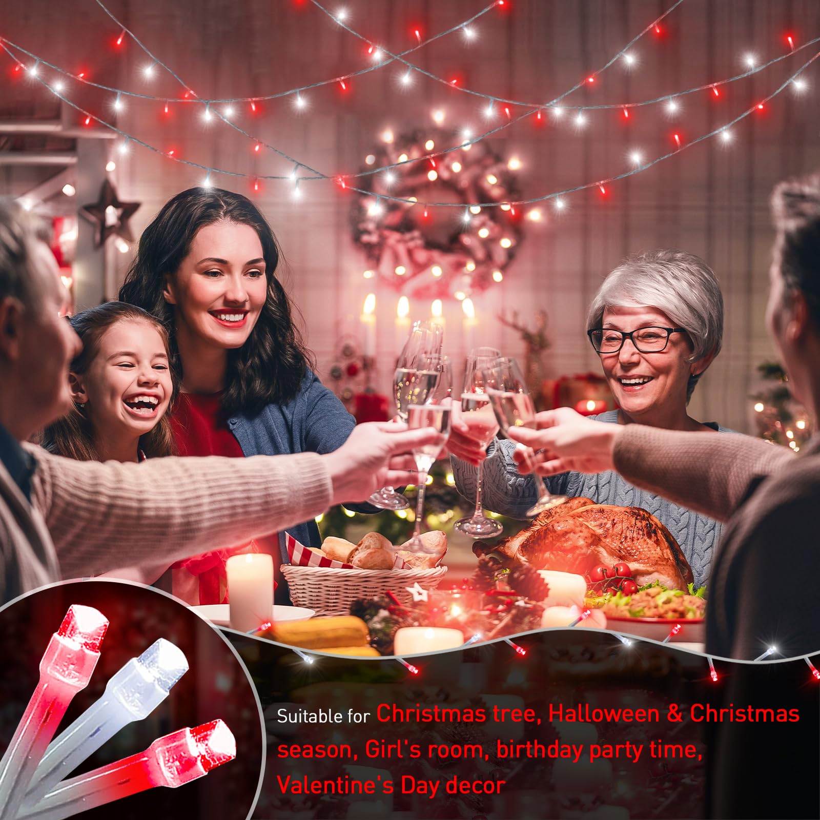 Jmexsuss Red And White Christmas Tree Lights With Remote, 600 Led String Lights Outdoor Indoor Clear Wire, 168Ft Christmas Twinkle Lights Plug In For Bedroom Tree Birthday Party Christmas Decorations