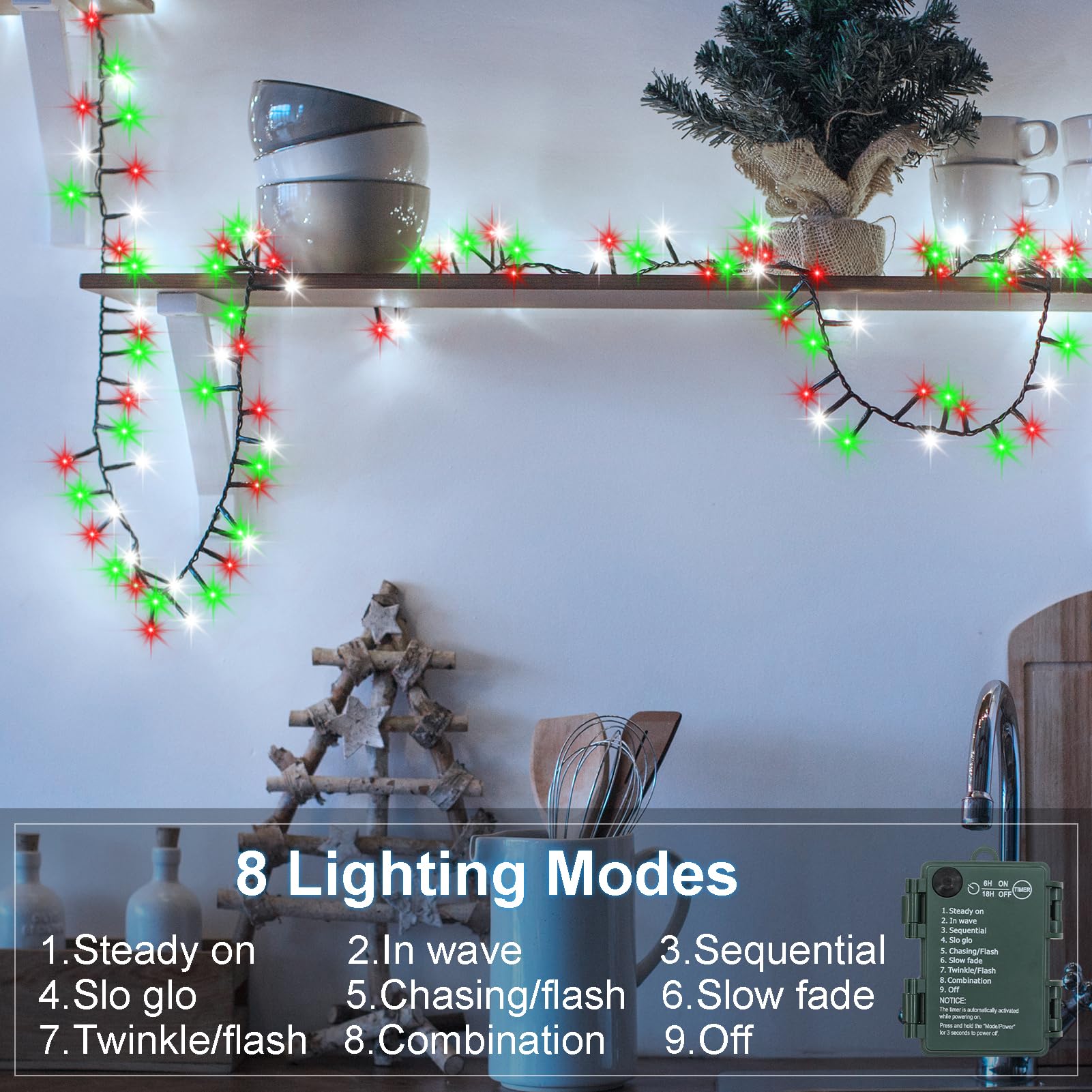 Bsglobal 2 Pack Christmas Lights Red White Green, Total 20Ft 400 Led String Cluster Lights With Timer 8 Modes Christmas Firecrac