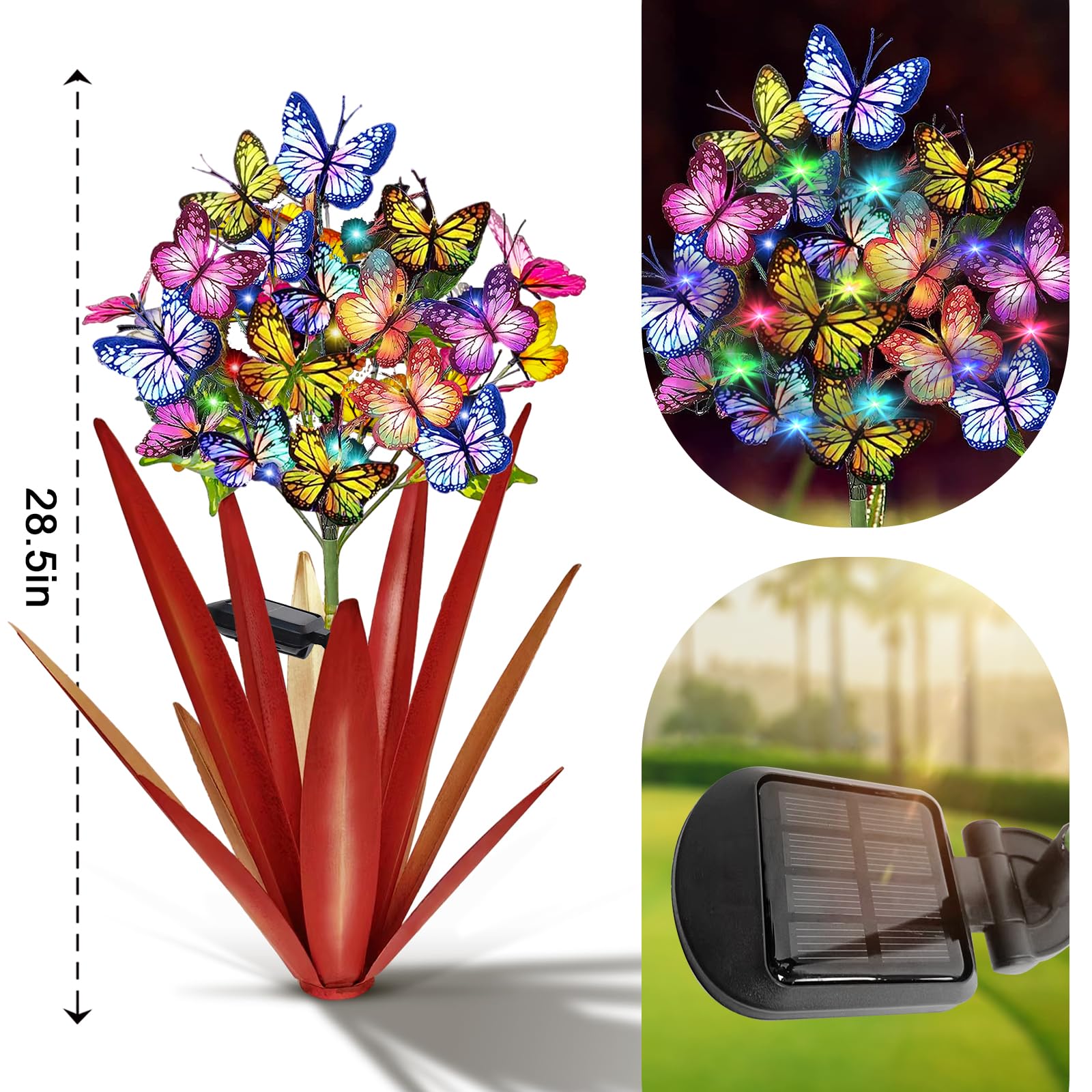 Homight Solar Metal Agave Butterfly Flower Stick Garden Sculpture - Outdoor Gift, Christmas Lights - Swaying Butterfly Garden Li