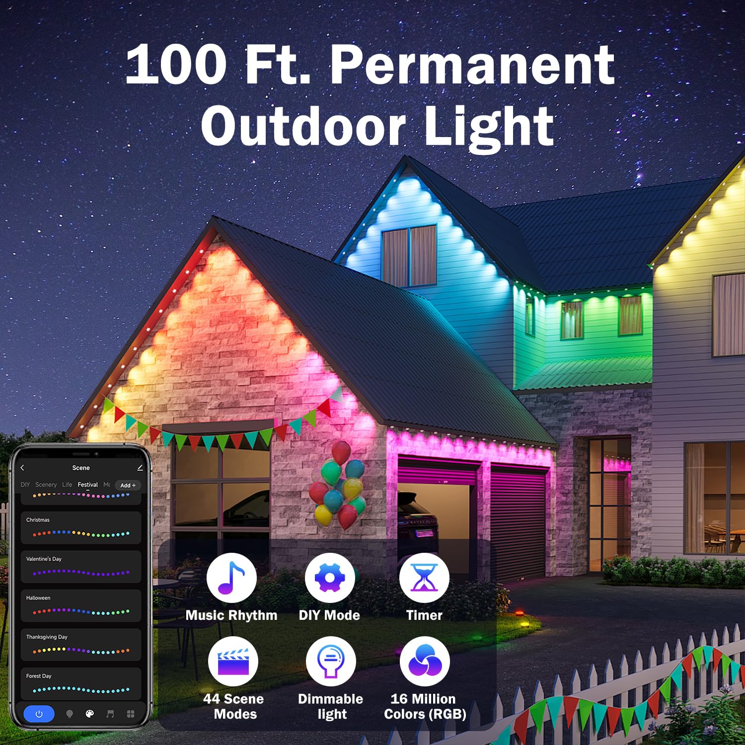 Heromind 100ft Smart RGB LED Outdoor Lights, Waterproof PVC, 8000 Hour Life, Multicolored Christmas Decorations
