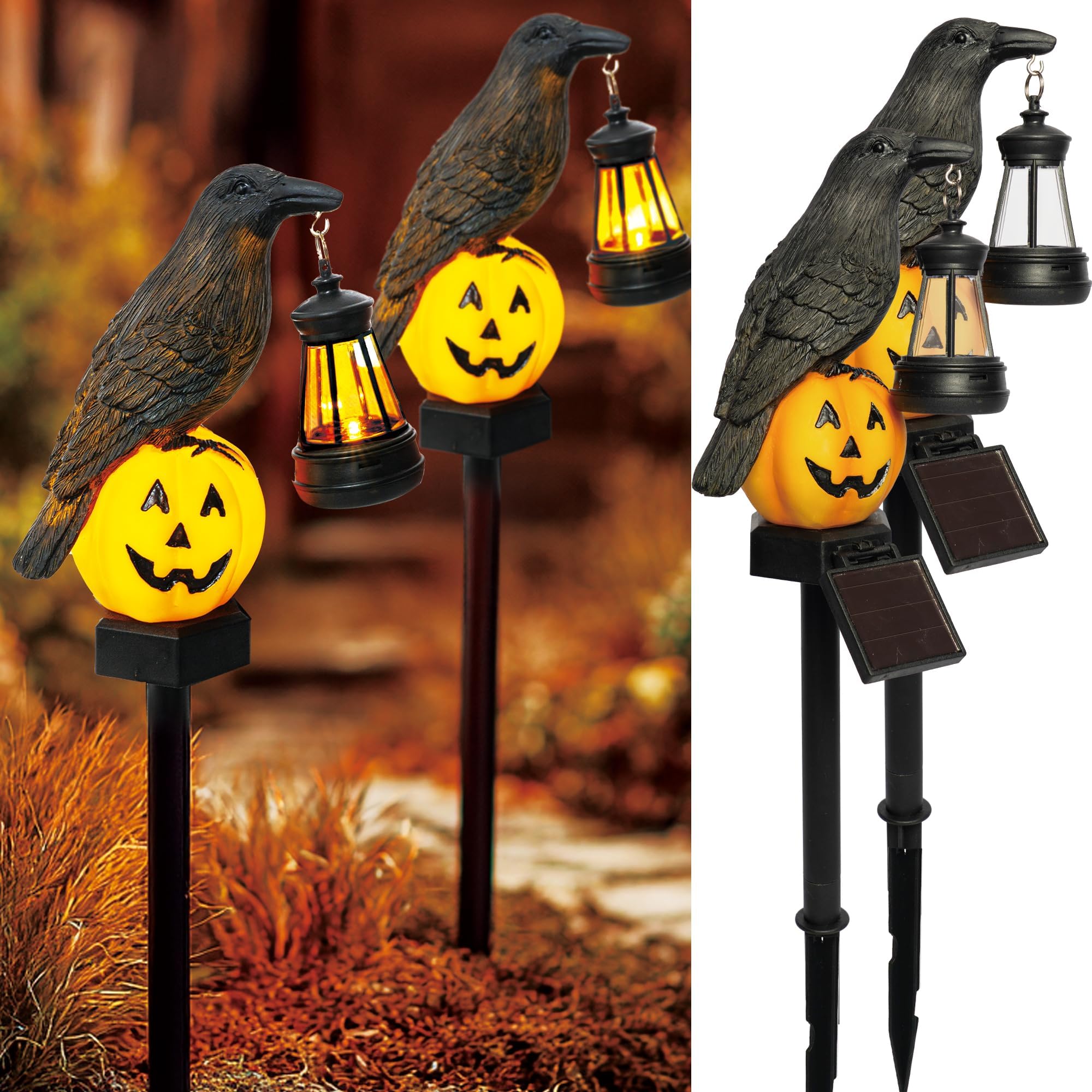 Dazzle Bright 2 Pack Halloween Crow Pathway Lights Outdoor  Solar Powered Resin Crow With Pumpkin Walkway Lights  Stake Light For Halloween Pathway Garden Lawn Yard Gifts Decoration