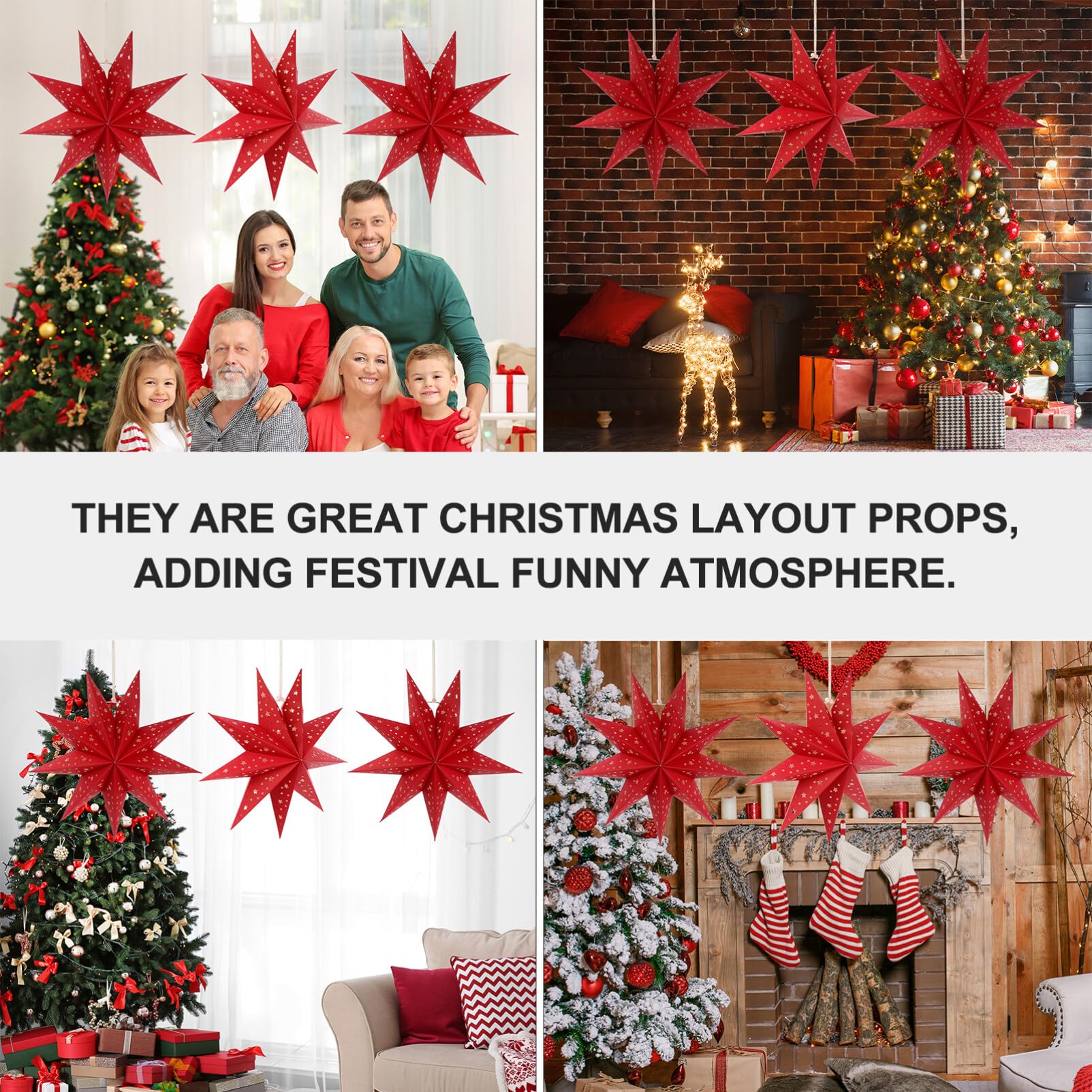 3Pcs Paper Star Lantern Lampshade 9 Pointed Star Hanging Decorations For Christmas New Year Wedding Party Holiday Birthday, Red