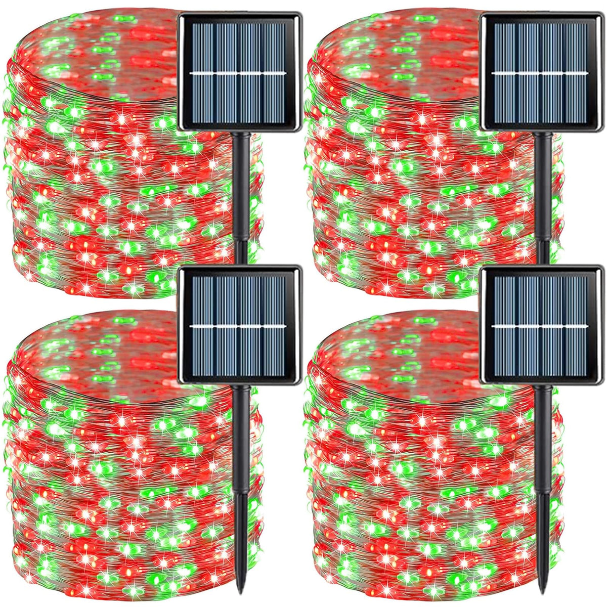 Yeguo Solar Fairy Lights Outdoor Waterproof, 4 Pack Each 33Ft 100 Led String Lights, 8 Modes Silver Wire(Green And Red)