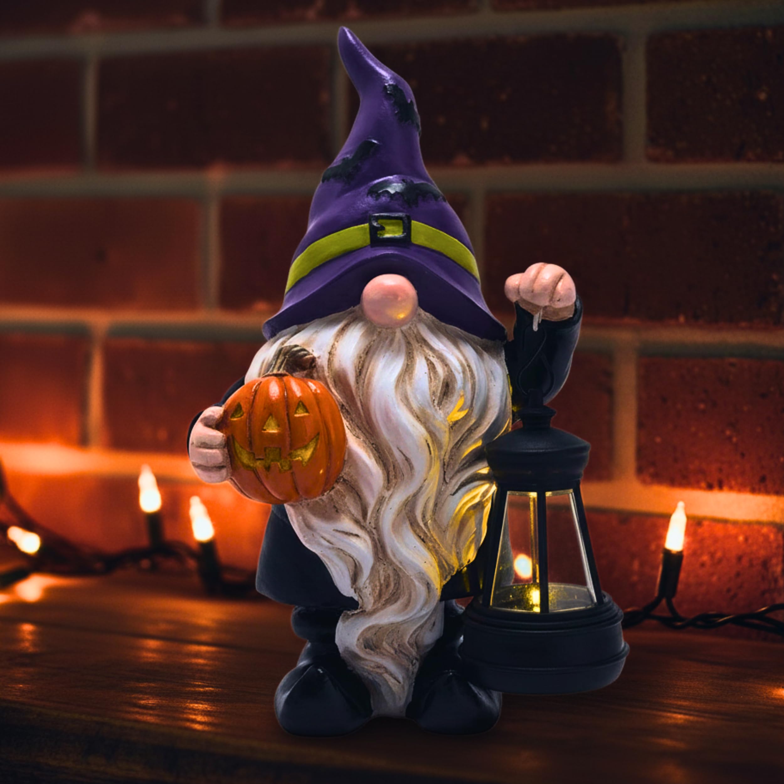 TeresaS Collections Halloween Decorations Garden Gnomes Statues With Solar Lights Cute Purple Bat Hat Resin Decor With Lantern For Home Table Outdoor Yard Pumpkin Jack-O-Lanterns Gifts For Party 8