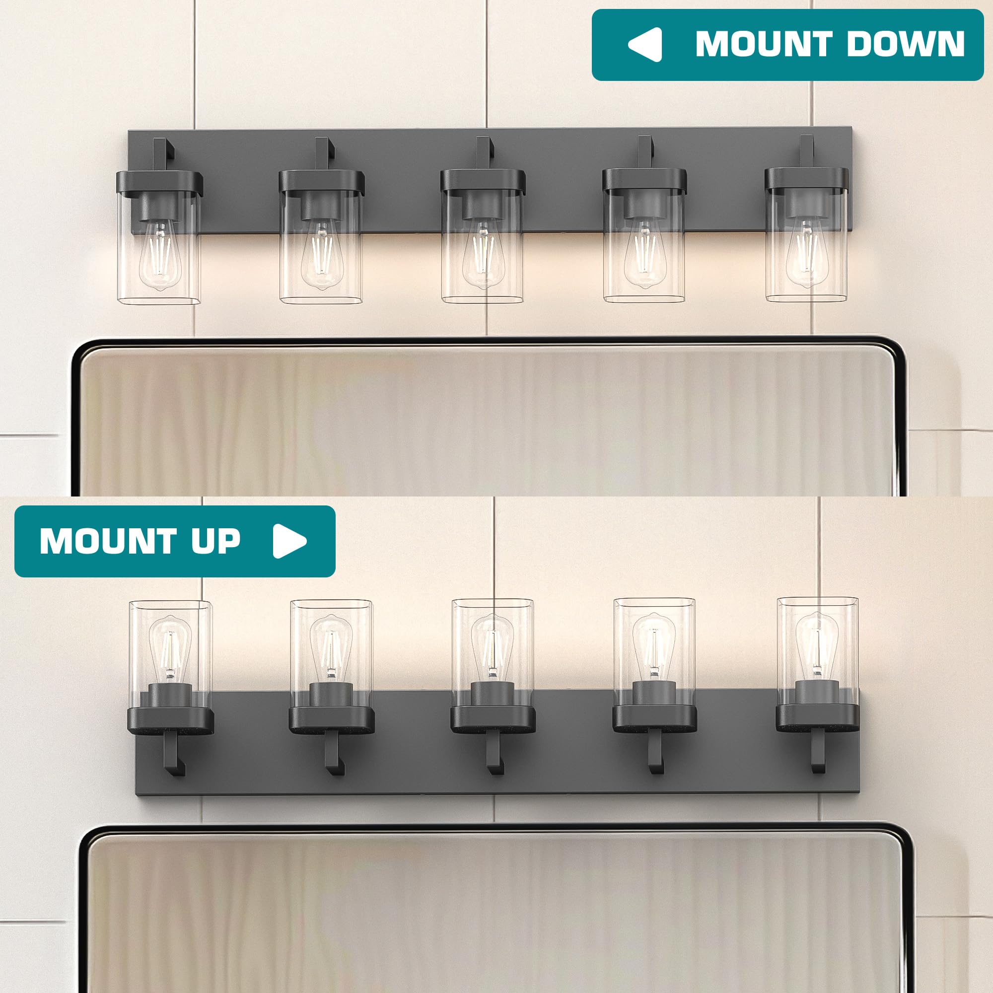 Danshinro 5-Light Bathroom Vanity Light, Black Metal Square Design, Model L23-5-BK, Modern Fixtures for Bathroom/Living Room/Bedroom