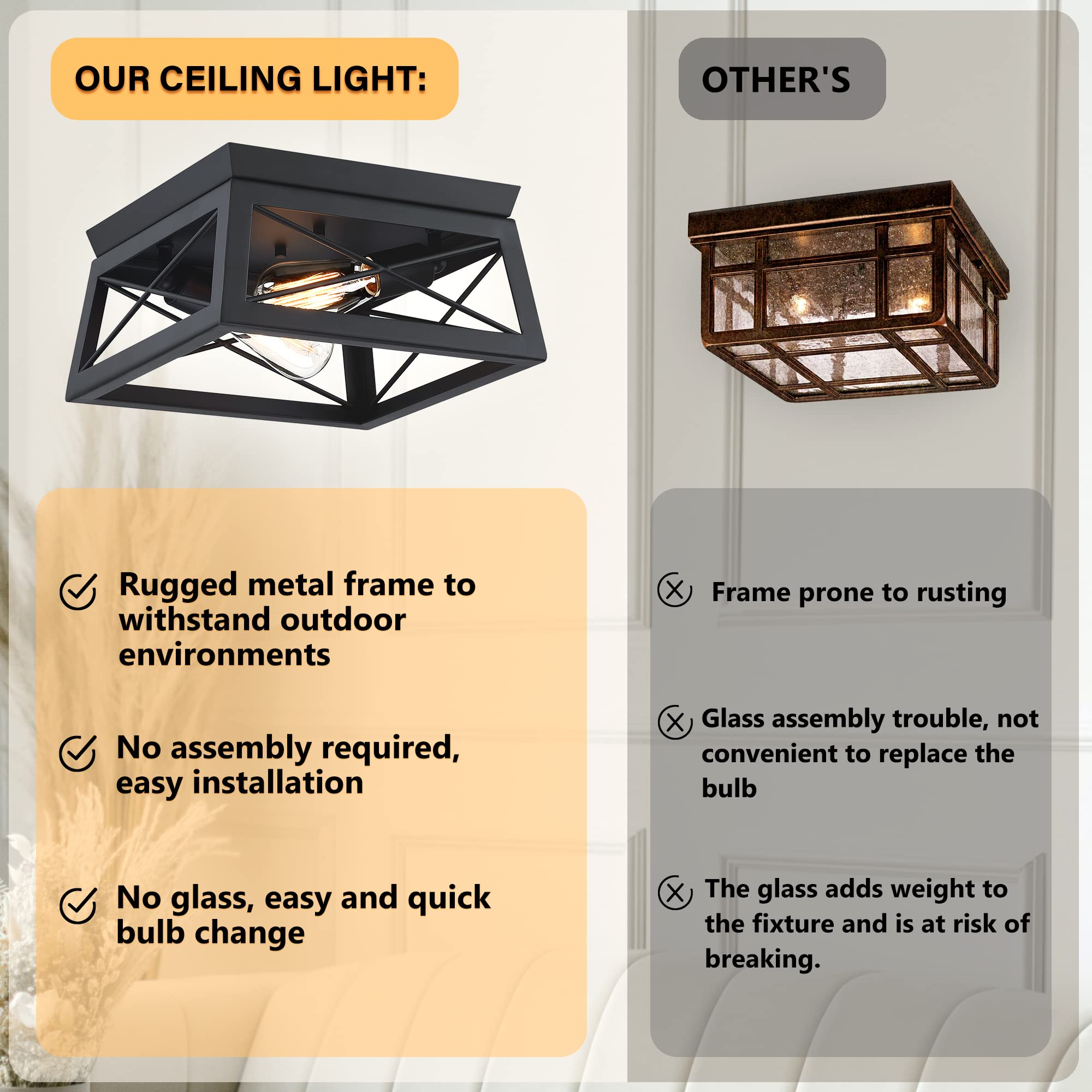 Pia Ricco Flush Mount Ceiling Light Fixture, Outdoor Ceiling Light For Porch, Black Farmhouse Ceiling Light, Modern Industrial S