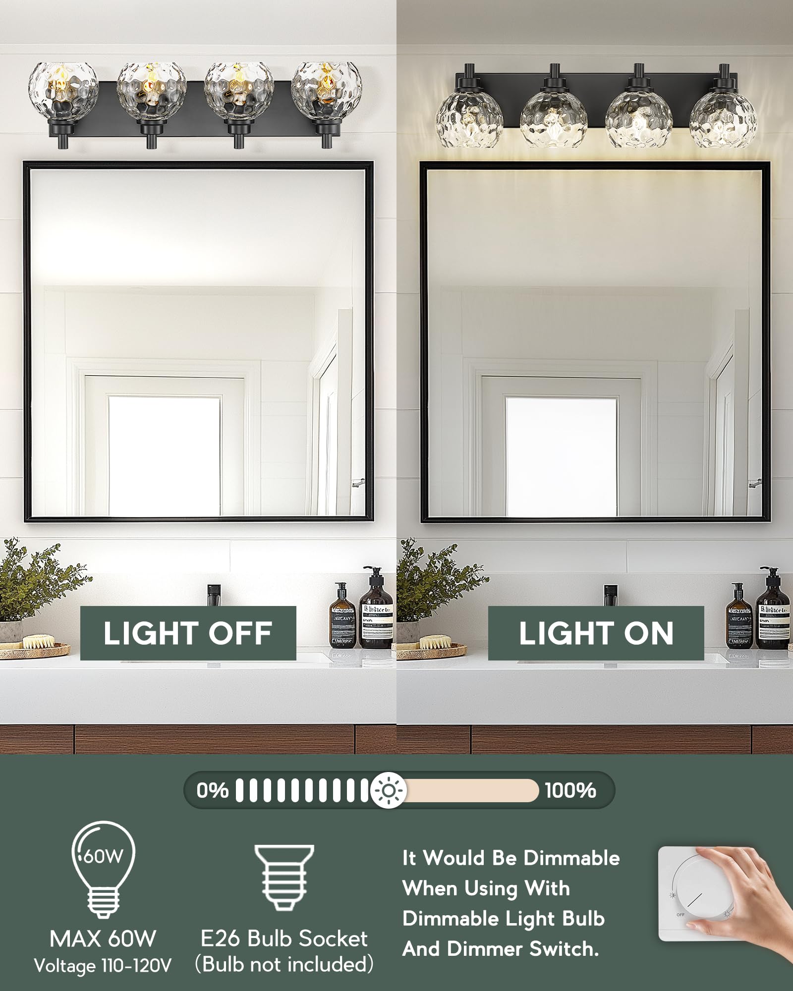 METWET 4-Light Bathroom Vanity Light, Matte Black with Hammered Glass Shade, Model VL200-MB-CL-4, Modern Sconces for Hallway & Bedroom