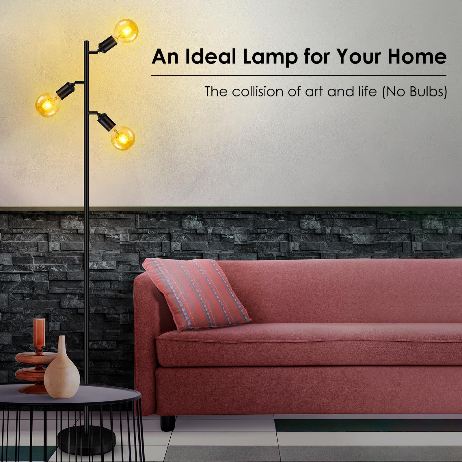 Boostarea Tree Floor Lamp, Industrial Floor Lamp, Modern Standing Lamp With Adjustable 3 Light, E26 Socket, Foot Switch, Minimal