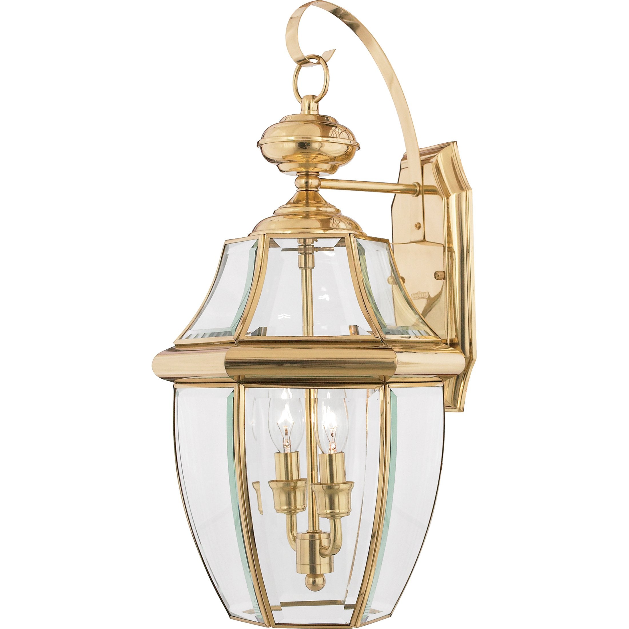 Quoizel Newbury 20 Outdoor Wall Lantern, 2-Light Polished Brass with Clear Beveled Glass, E12 Base, French Country Style