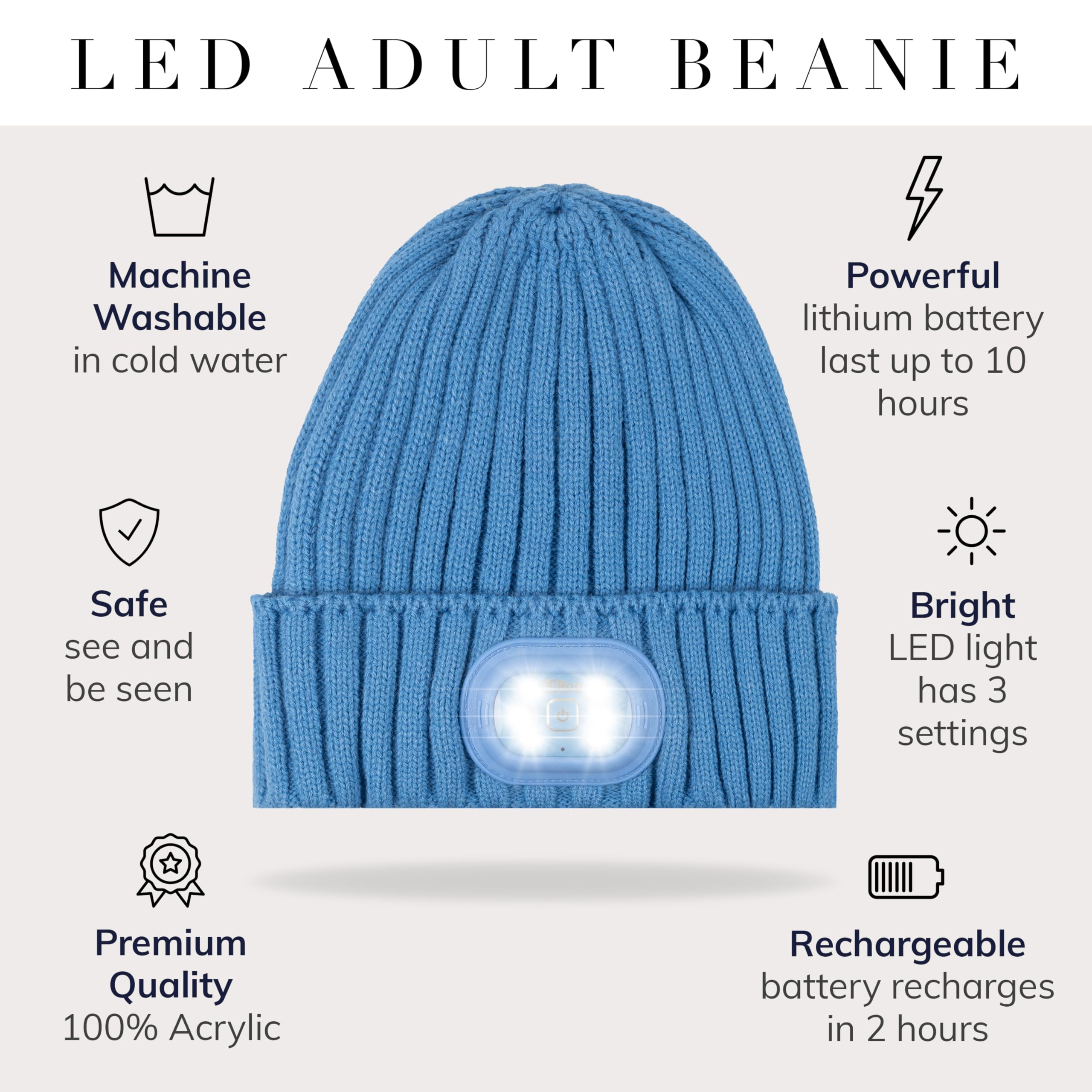 HEAD LIGHTZ LED Beanie Hat - Rechargeable Unisex Acrylic, Blue-Mono, Model ROQ-BEN-SBL 2023