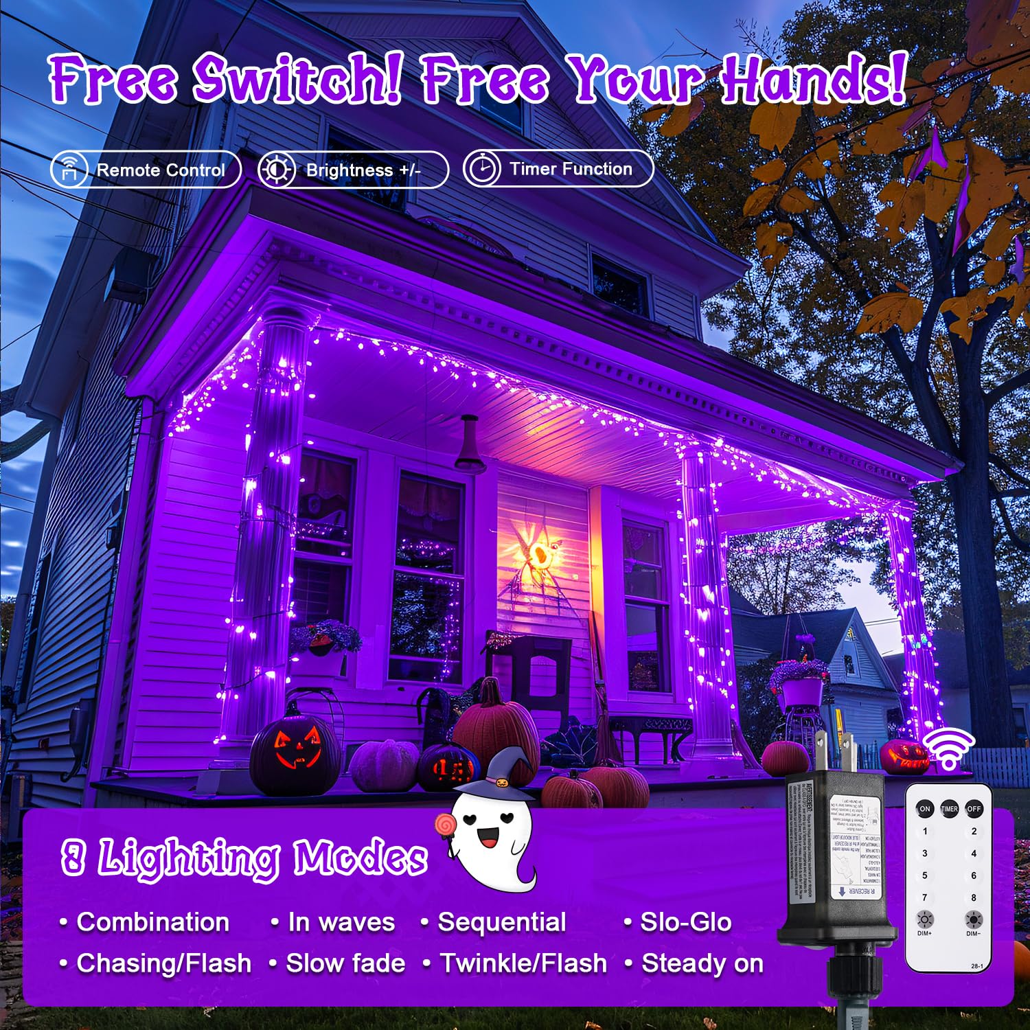 Jmexsuss 400 Led Purple Halloween Lights Outdoor: 132Ft Purple String Lights Plug In With Remote - Indoor Purple Lights For Hall